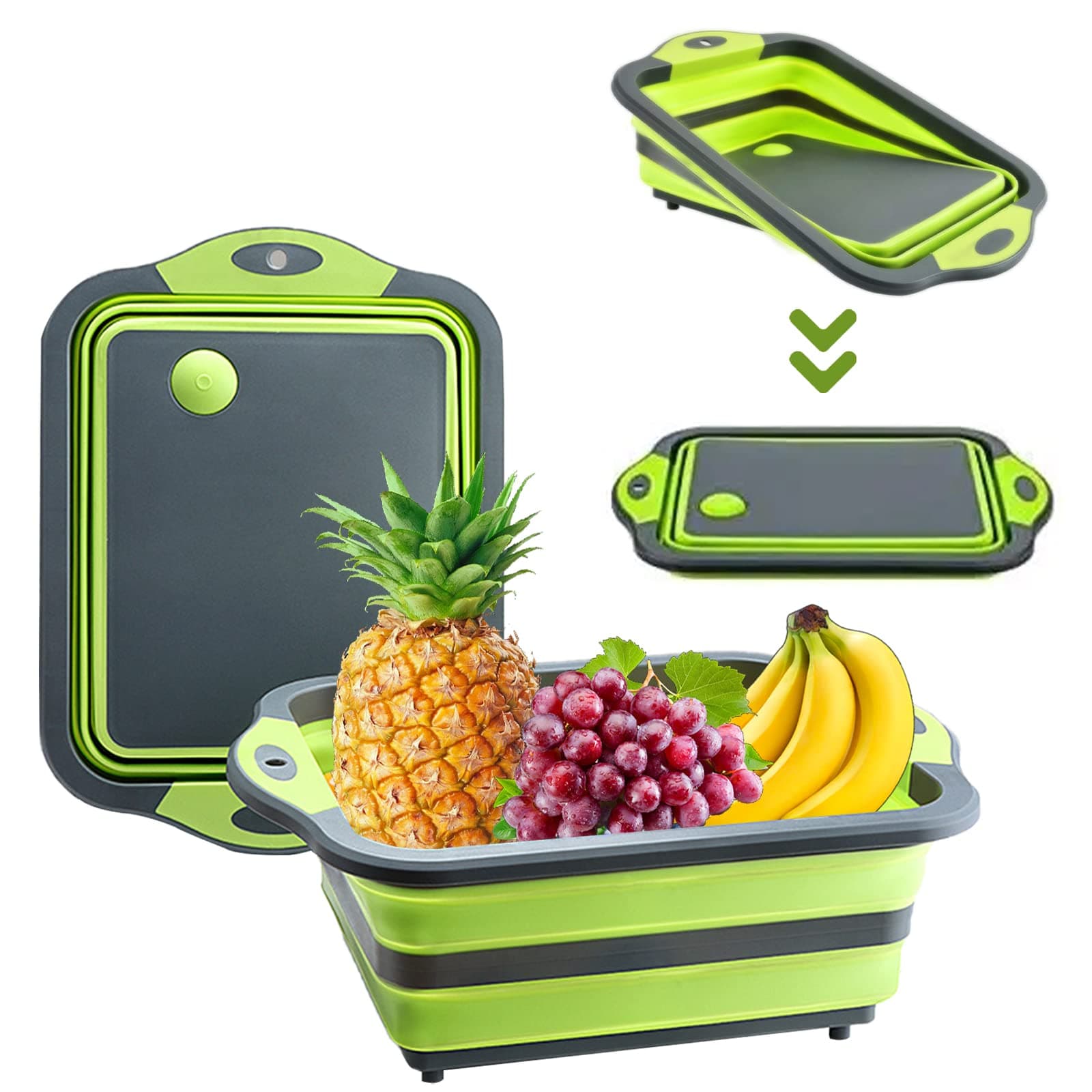 Collapsible Cutting Board - Portable Washing Veggies Fruits Food Grade Camping Sink (4.25 Gal) Space Saving 3 in 1 Multifunction Storage Basket for BBQ Prep/Picnic/Camping (Green)