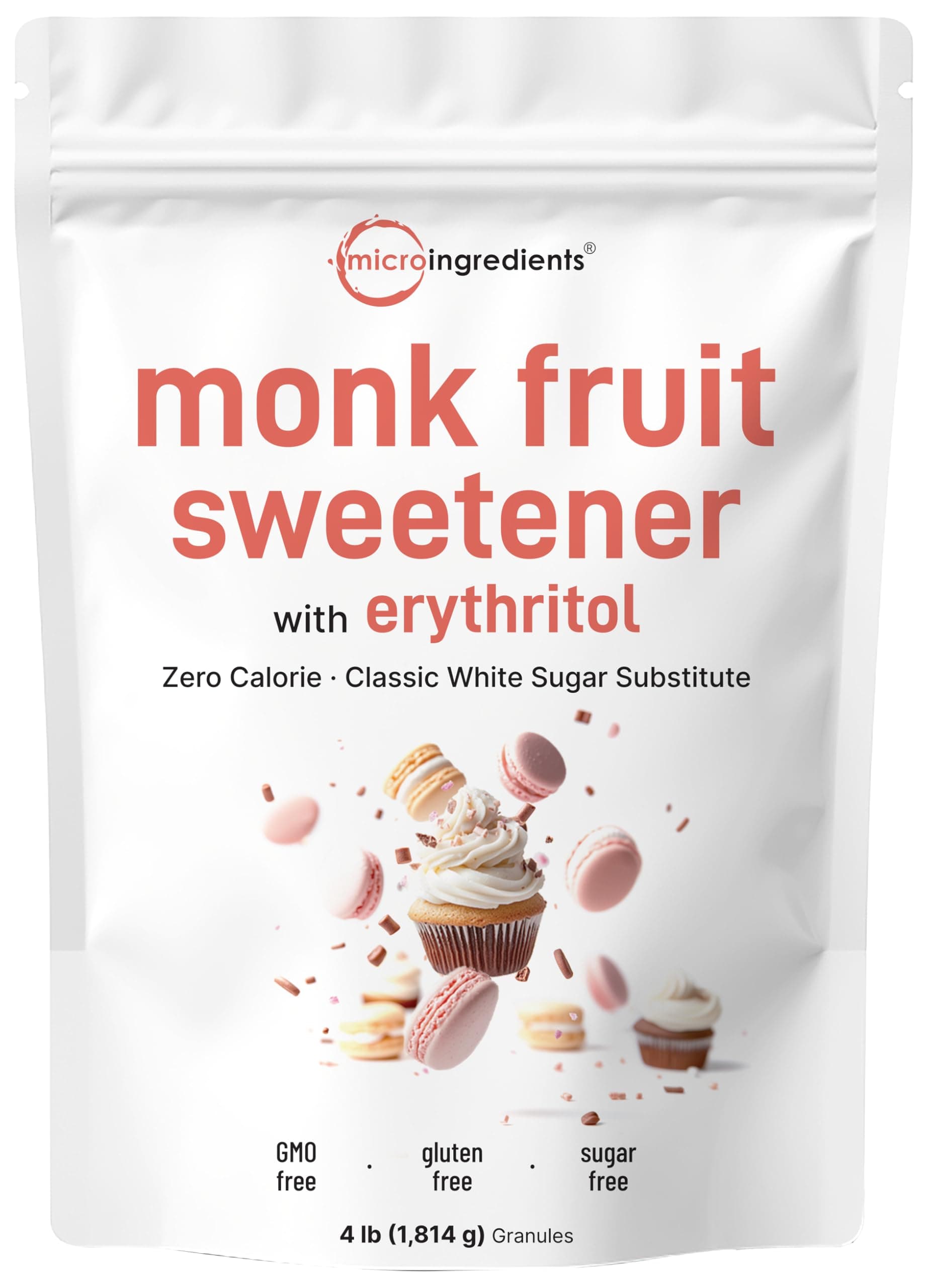 Monk Fruit Sweetener with Erythritol Granules, 4 Pounds, No After Taste, 1:1 White Sugar Substitute, Keto Diet Friendly, Zero Calorie, Natural Sweetener for Drinks, Coffee, Tea, Cookies, No-GMO, Vegan