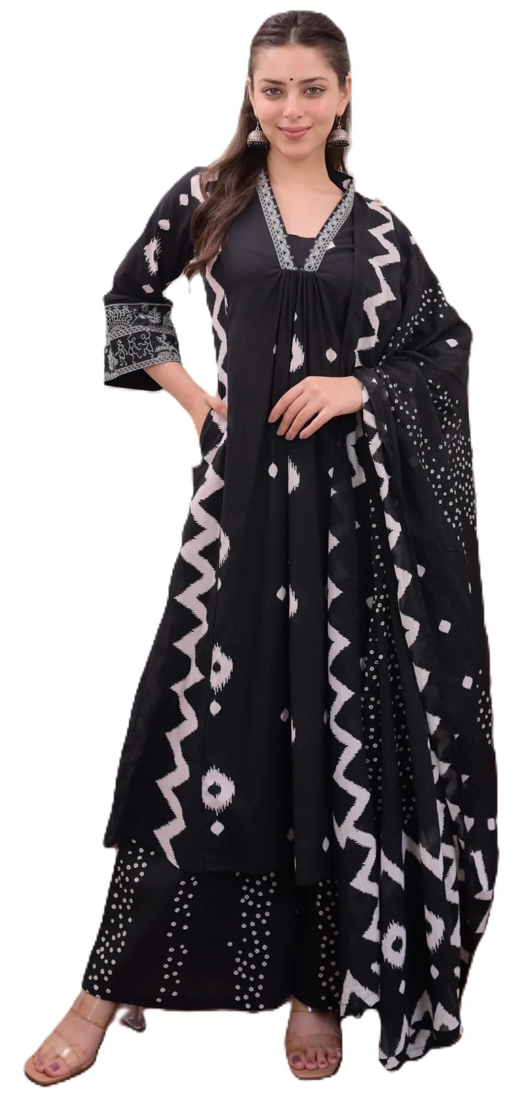 AraynaWomen's Pure Cotton Block Printed Ethnic Wear Kurta Set with Palazzo Pants & Dupatta