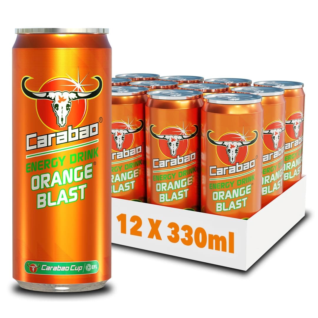 Carabao Energy Drink Orange Blast, 12 x 330ml Cans Case, Low Calorie, Lower Sugar, Fizzy Fruit Flavour, Vegan, Gluten Free Drink, B Vitamins, Taurine, Caffeine with Zero Crash, Bulk Crates, Multipack