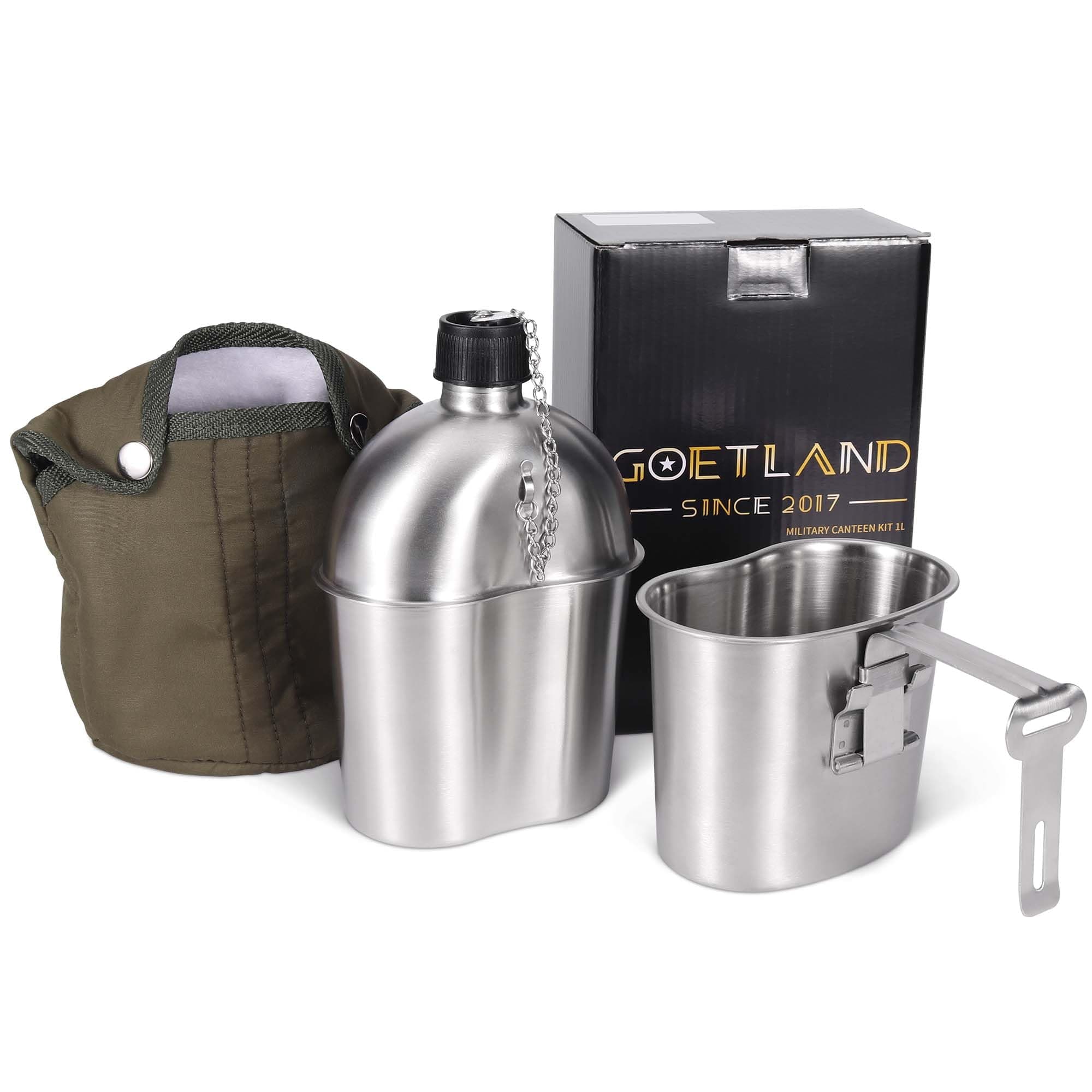 Stainless Steel WWII US Military Canteen Kit 1QT with 0.5QT Cup Nylon Cover G.I. for Camping