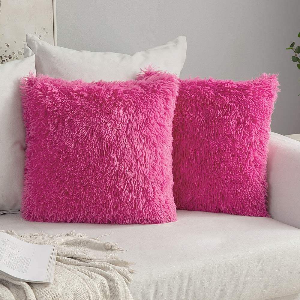 MIULEEPack of 2 Luxury Faux Fur Throw Pillow Cover Deluxe Winter Decorative Plush Pillow Case Cushion Cover Shell for Sofa Bedroom Car 18 x 18 Inch Hot Pink