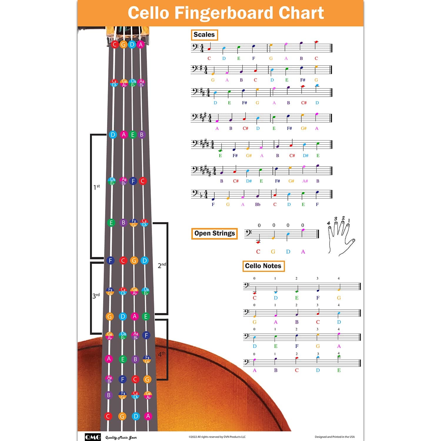QMG Cello Fingering Chart with Color-Coded Notes, Learn Violin Scales Techniques Suitable for All Levels, Made in the USA