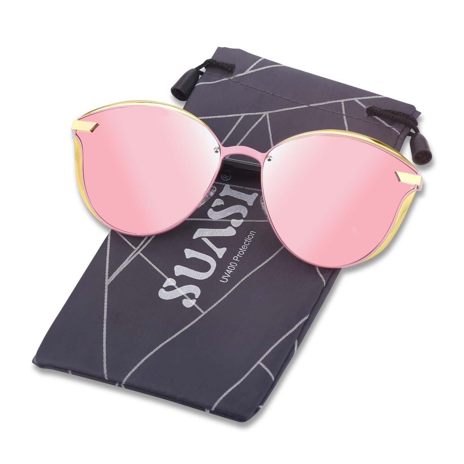 SUASI Fashion Women Polarized Sunglasses Mirrored Cat Eye Vintage Sun glasses 0824 (black, pink)