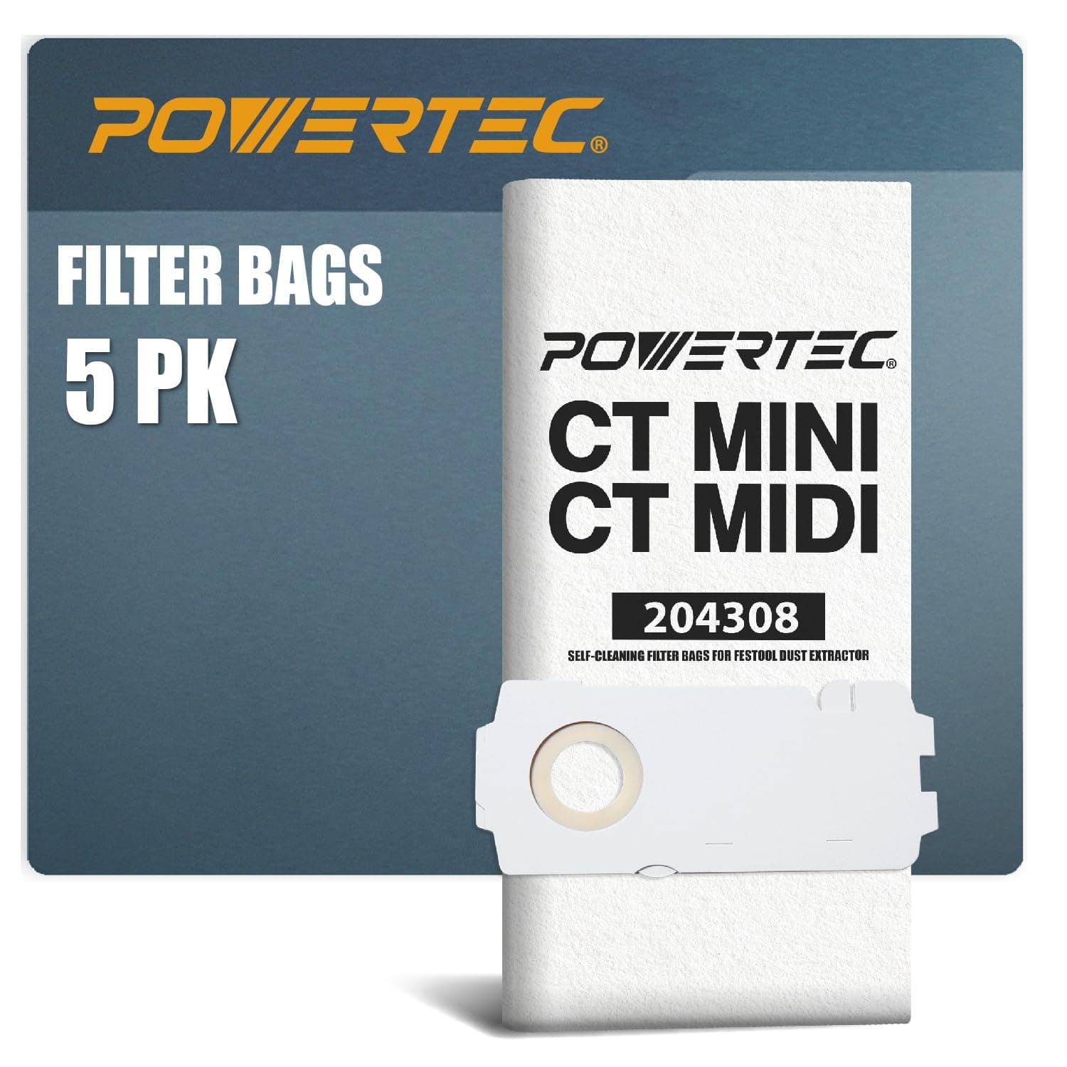 POWERTEC 204308 Selfclean Filter Bags for Festool CT MINI, CT MIDI (from 2019 onwards) and CT15 Dust Extractor, Vacuum Bags for Festool CT Mini/Midi-2, 5 Pack (75085)