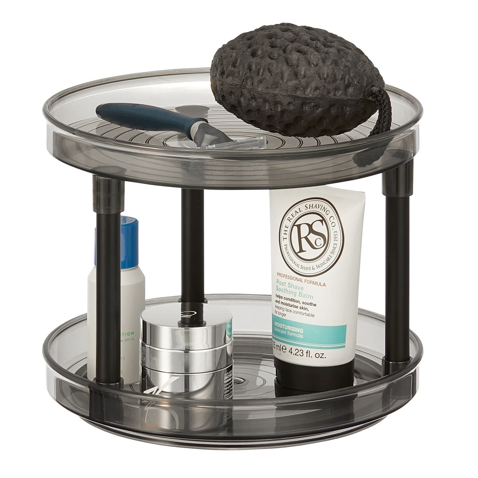 mDesign Spinning 2-Tier Lazy Susan Turntable Storage Tower, Rotating Organizer for Bathroom Cabinet, Vanity Counter, Sink - Double Decker Carousel Makeup Organizer, Ligne Collection, Smoke/Matte Black