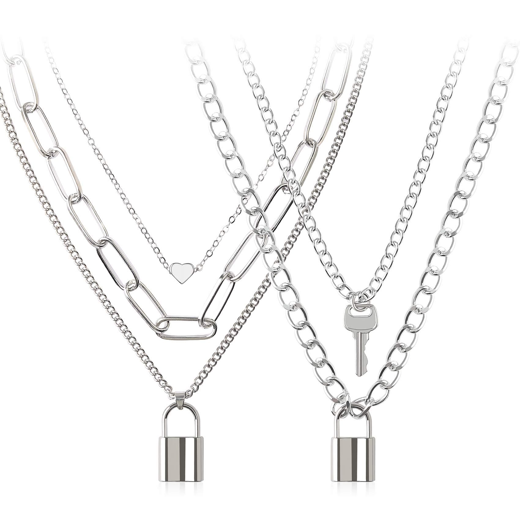 BVROSKILock Key Pendants Chains Necklace Set for Eboy Egirl Men Male Emo Goth Women Teen Girls Boys Jewelry Pack for Pants Punk Play