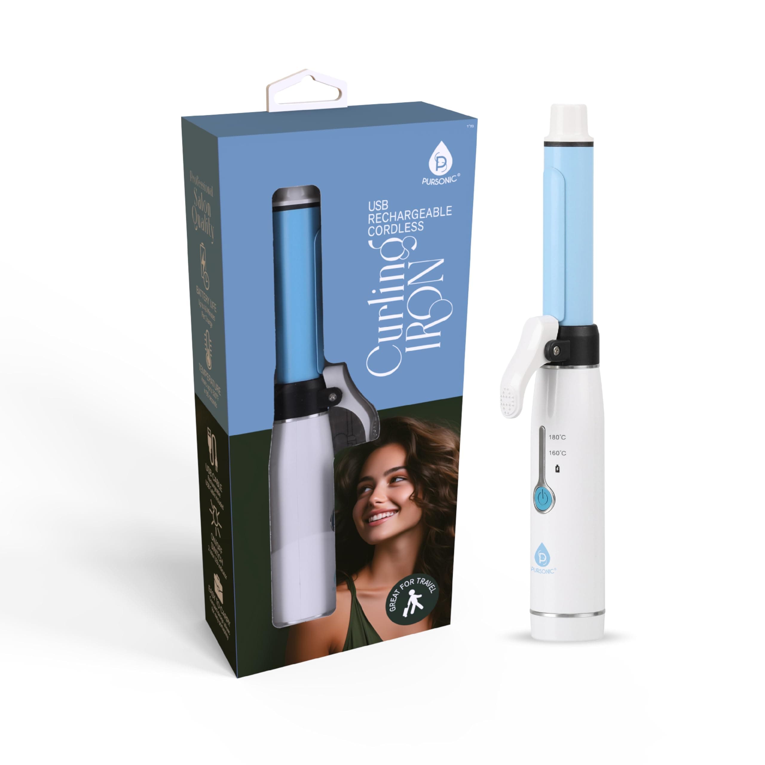 PURSONICPortable Cordless Professional Salon Quality Rechargeable USB Curling Iron, Easy to Carry, Charge Up to 40 Minutes of Use
