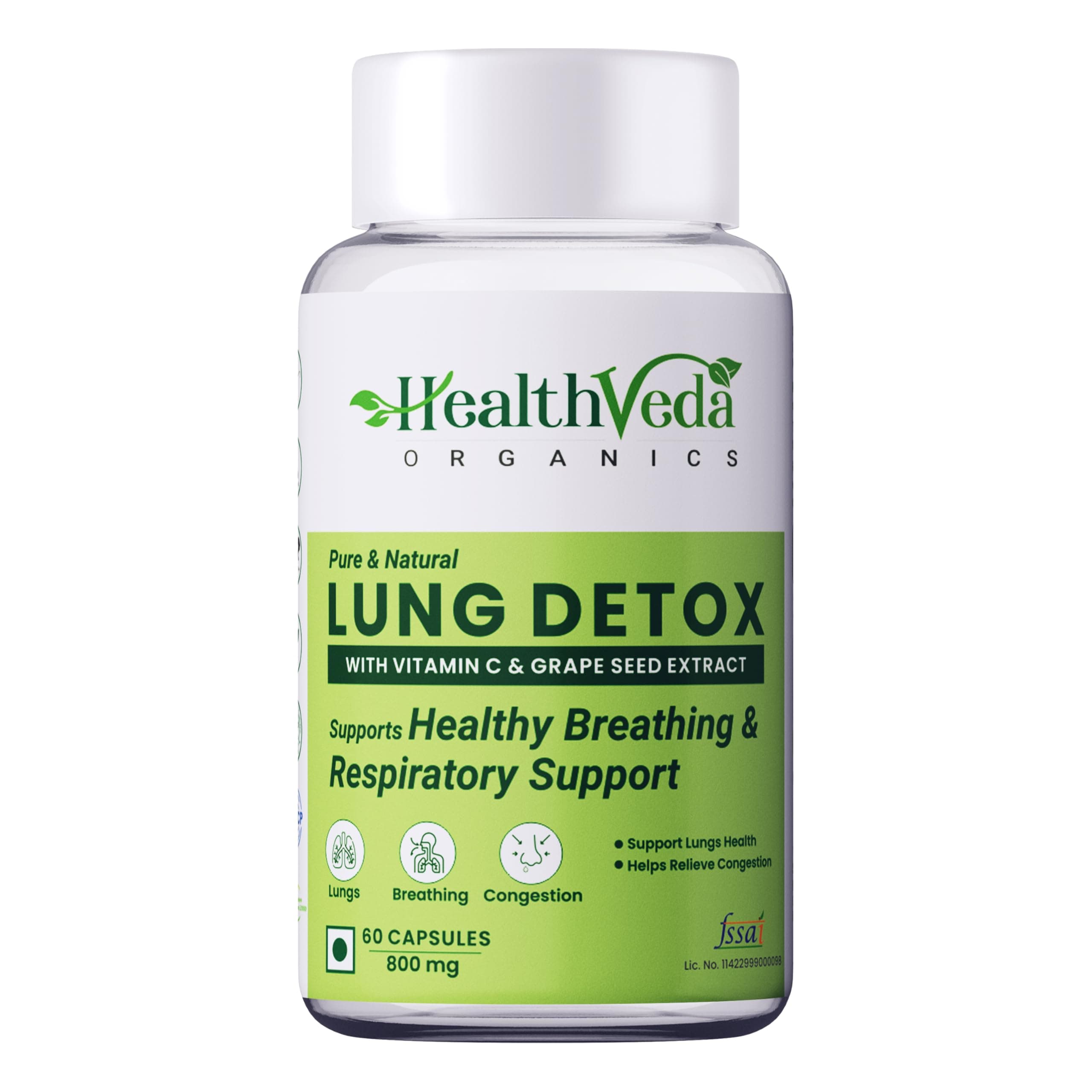 Health Veda Organics Lung Detox with Vitamin C & Grape Seed Extract | 60 Veg Capsules | Supports Healthy Breathing | For Detoxification of Lungs & Immunity | For Both Men & Women