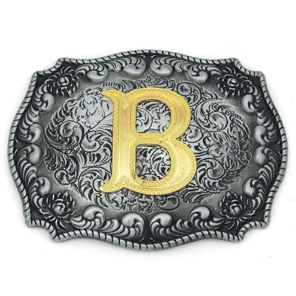 Western Belt Buckle Initial Letters ABCDEFG to Y-Cowboy Rodeo Silver Large Belt Buckle for Men Women