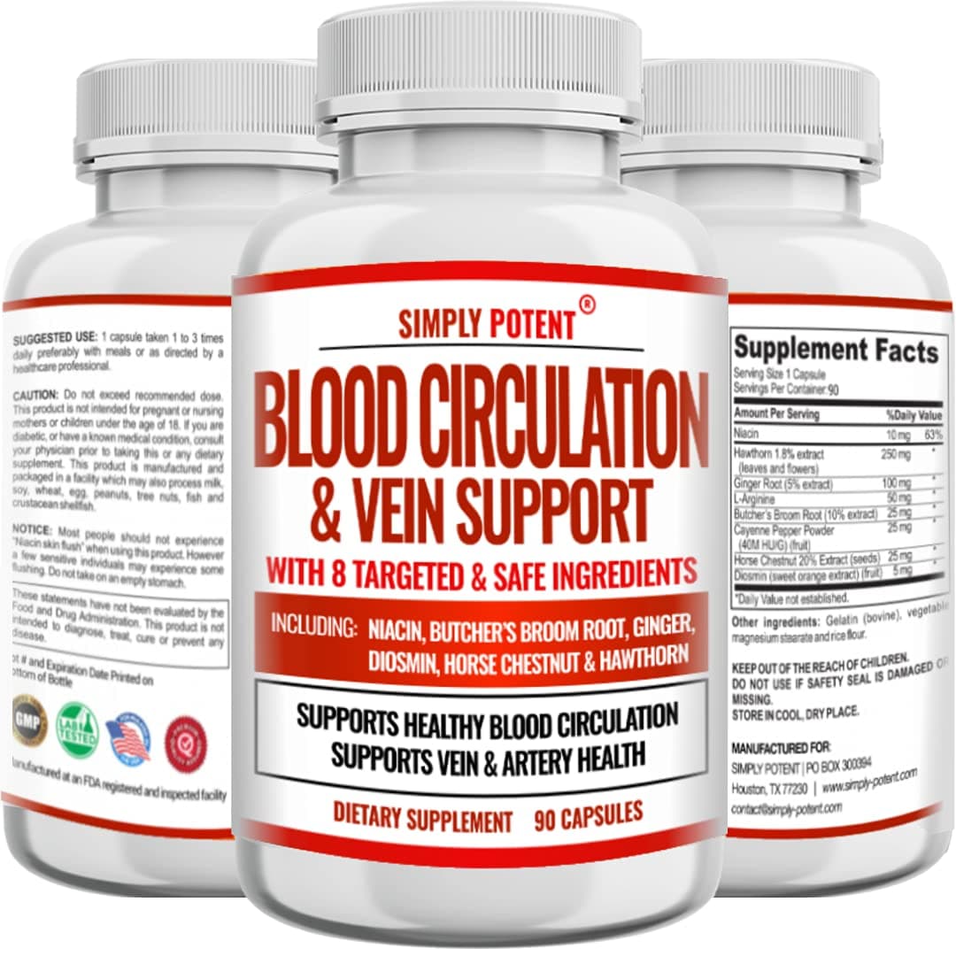 Simply Potent Blood Circulation & Vein Support Supplement, 90 Caps, Helps with Spider and Varicose Veins, Supports Vessels, Leg and Cardiovascular Health with Niacin, Ginger, Cayenne Pepper
