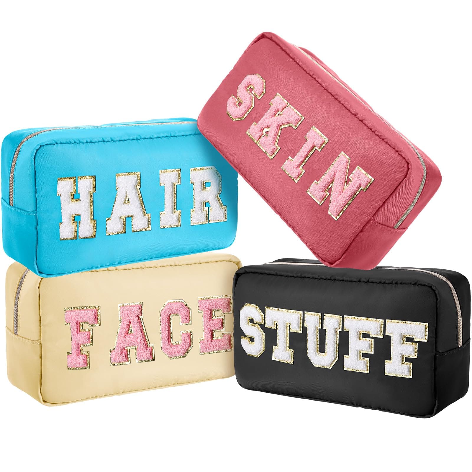 Remerry4 Pcs Nylon Cosmetic Bag Chenille Letter Cosmetic Pouch Zipper Preppy Makeup Bag Waterproof Hair Bag with Patches Makeup Organizer Bag Set for Women (Retro, Stuff, Face), Retro, Stuff, Face