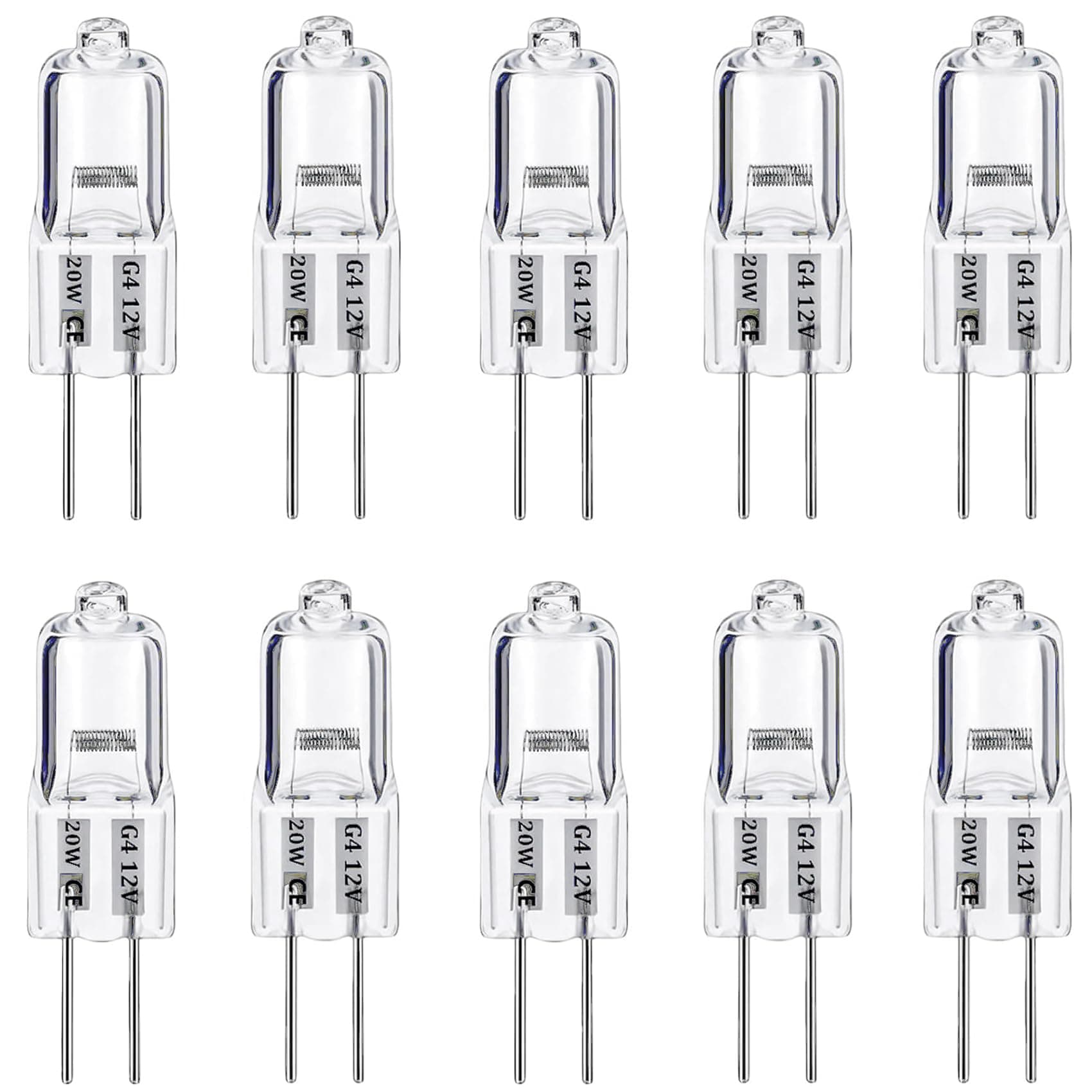 G4 Halogen Light Bulbs 20W 12V, 10 Pack Clear Capsule 2 Pin Lamp Bulb Halogen Pin Base Warm White Dimmable [Energy Class G]