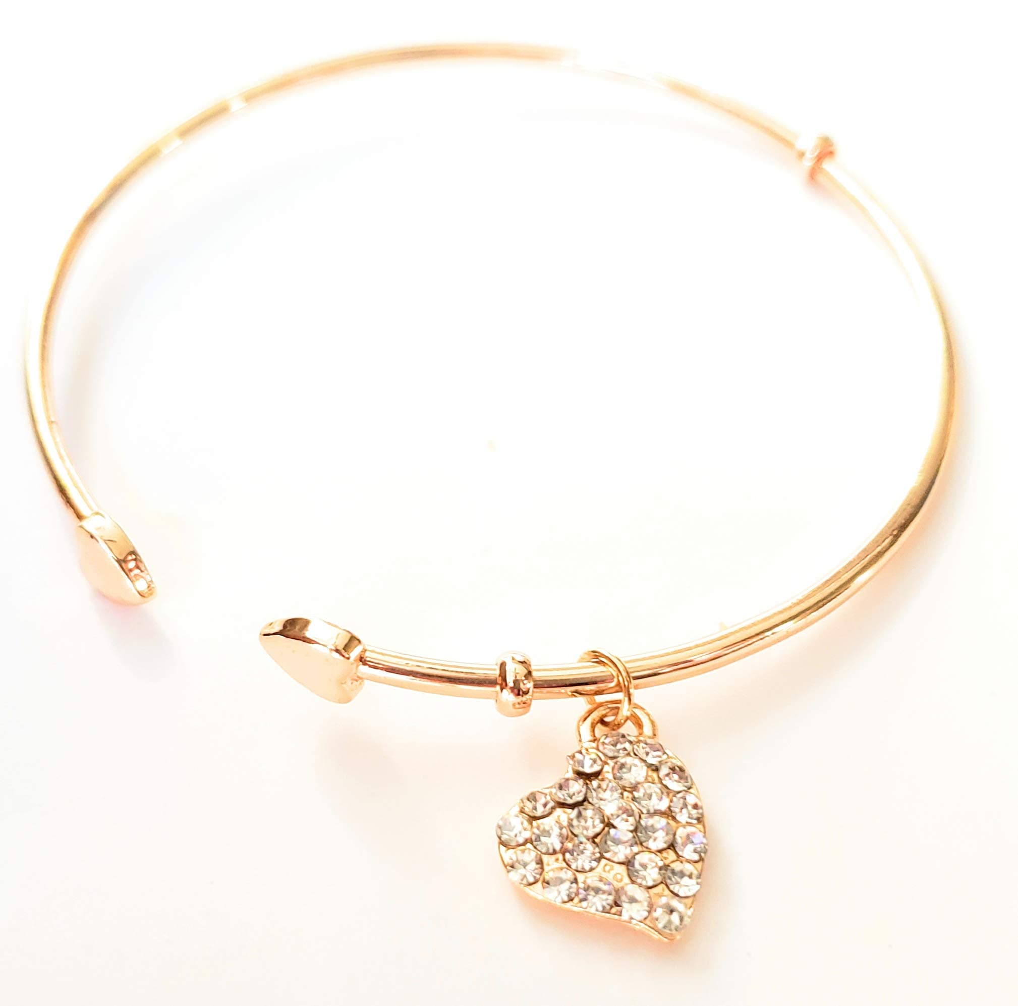 Gold Tone Open Ended CZ Love Heart Charm Bangle Bracelet - Fashion Jewelry for Women