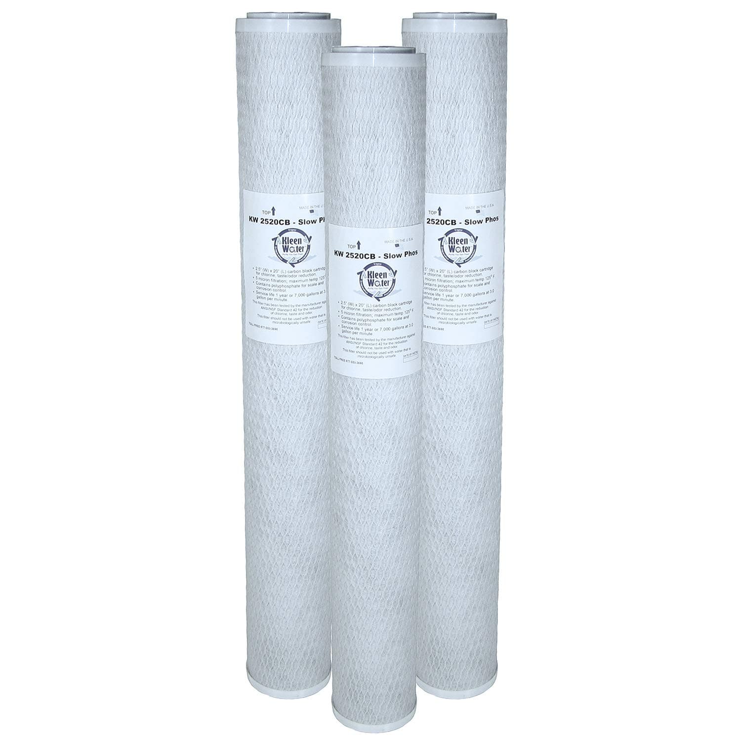 KleenWater KW2520CB-SlowPhos 2.5" x 20" Filter Compatible with Aquios RCFS220, Replacement Carbon Block Water Filter Cartridge, Set of 3