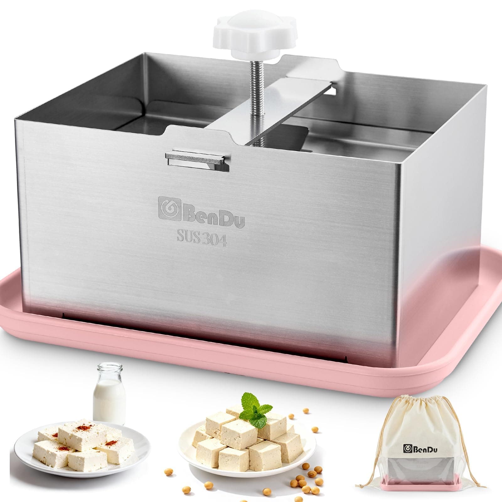 Tofu Press Stainless Steel, Paneer Maker with Tofu Press Cloth and Drip Tray, Improves Tofu Flavor and Texture, for Homemade Tofu, Paneer Press and Cheese Press, Multi-Functional Kitchen Tool(Pink)