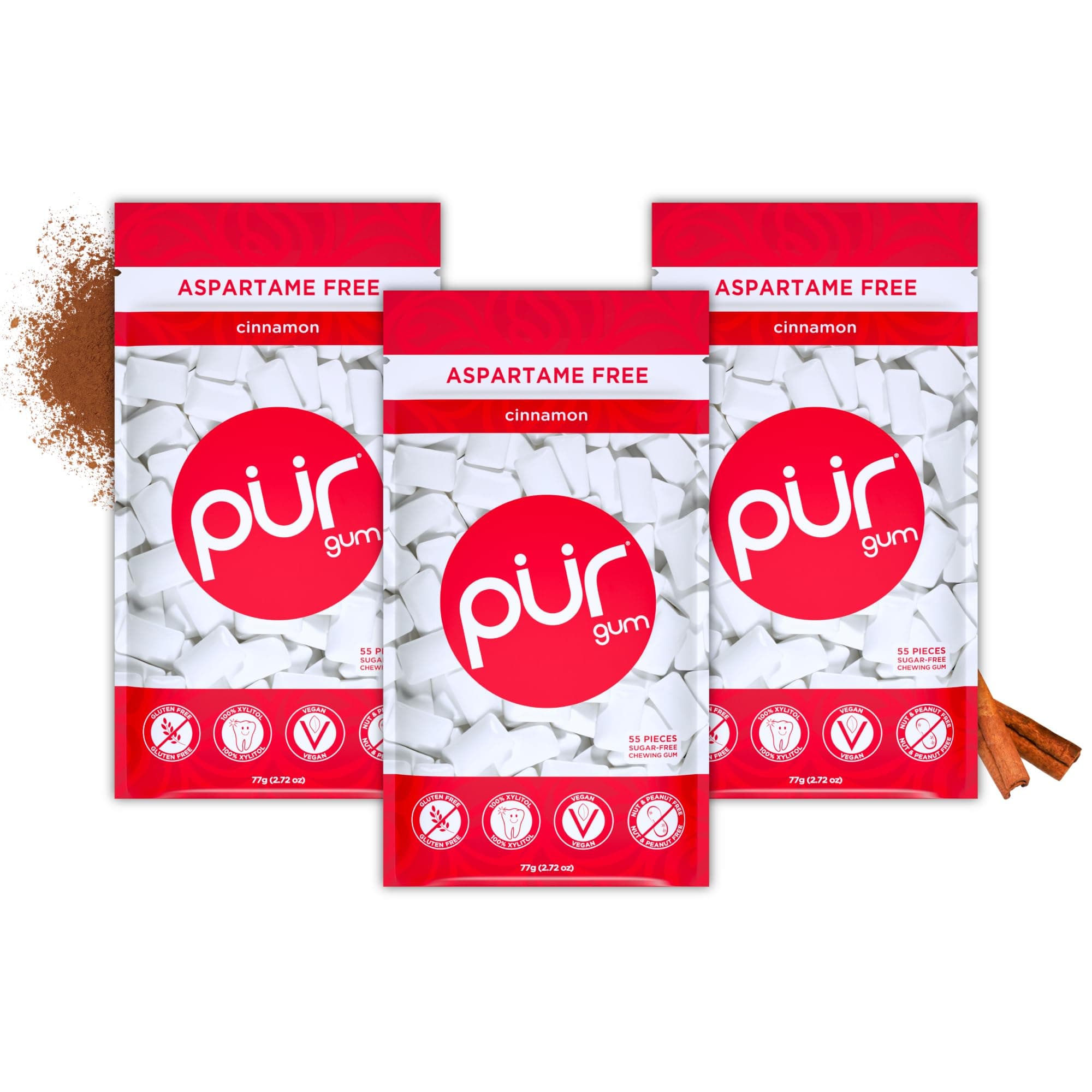 Sugar Free Chewing Gum | Made with Xylitol | Vegan, Aspartame Free, Gluten Free & Keto Friendly | Natural Cinnamon Flavoured Gum, 55 Pieces (Pack of 3)
