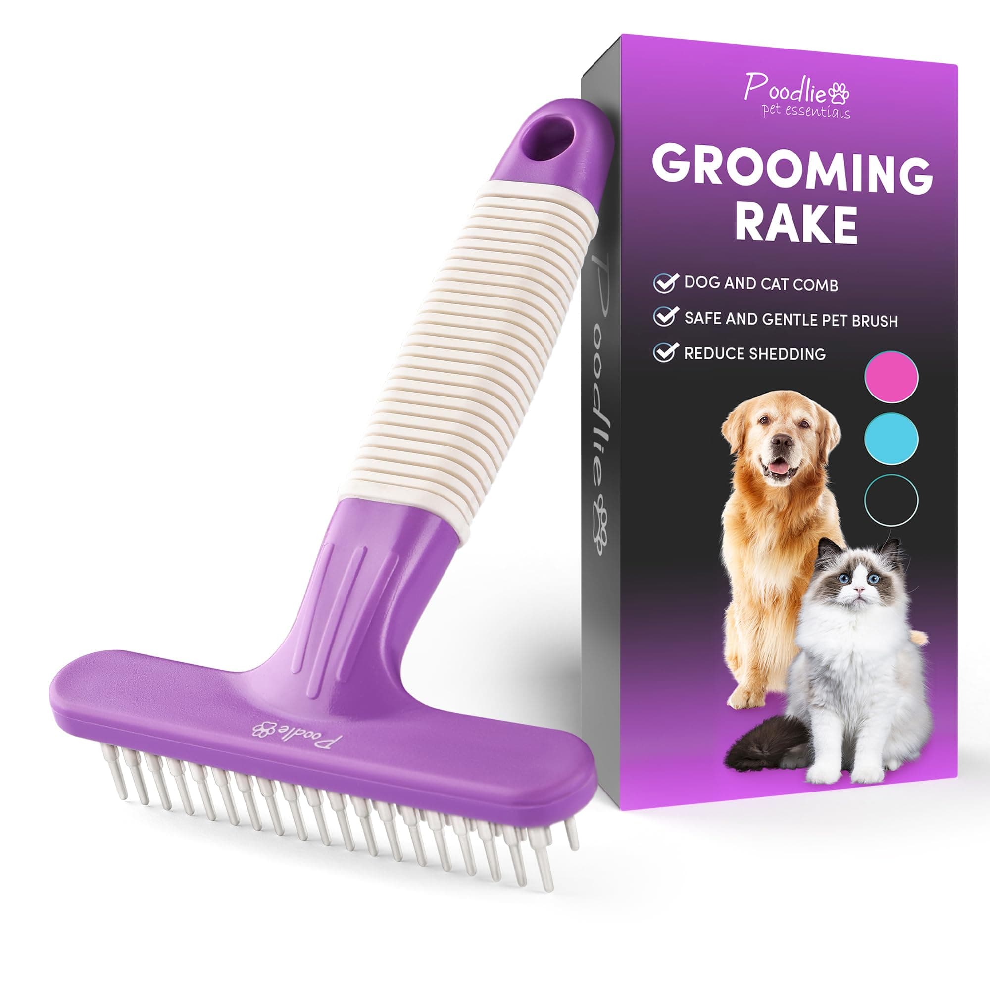 POODLIE Poodle Pet Dog Grooming Rake| Dematting Tool with Stainless Steel Shedding Comb for Pets | 2 Rows of Pins Gently Remove Loose or Tangled Hair from Undercoat | Purple Handle