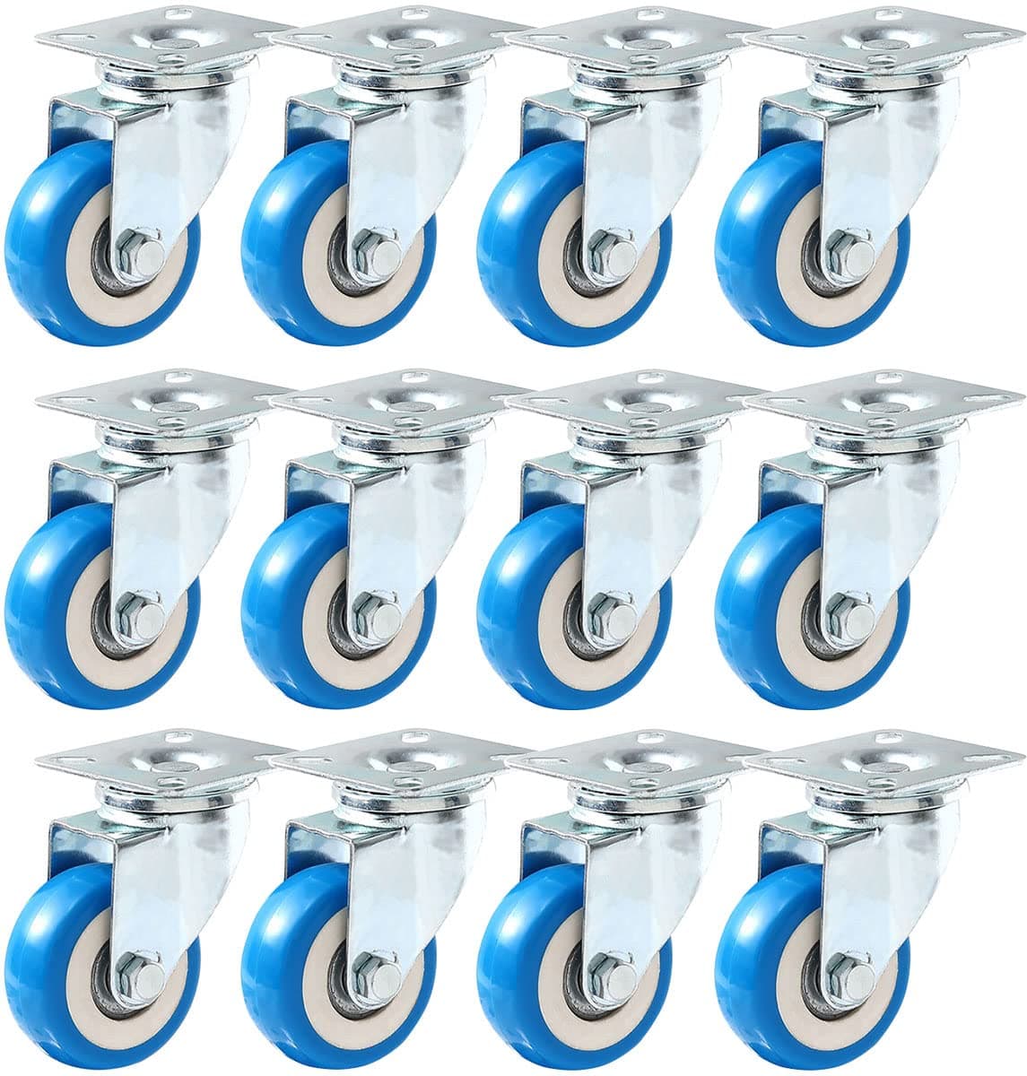 12 Pack Caster Wheels Swivel Plate Casters On Blue Polyurethane Wheels PU