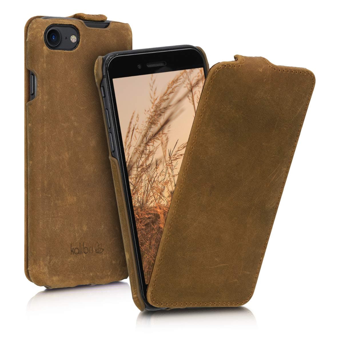 kalibri Flip Case Compatible with Apple iPhone SE (2022) / iPhone SE (2020) / iPhone 8 / iPhone 7 - Ultra Slim Leather Protective Phone Cover - Brown