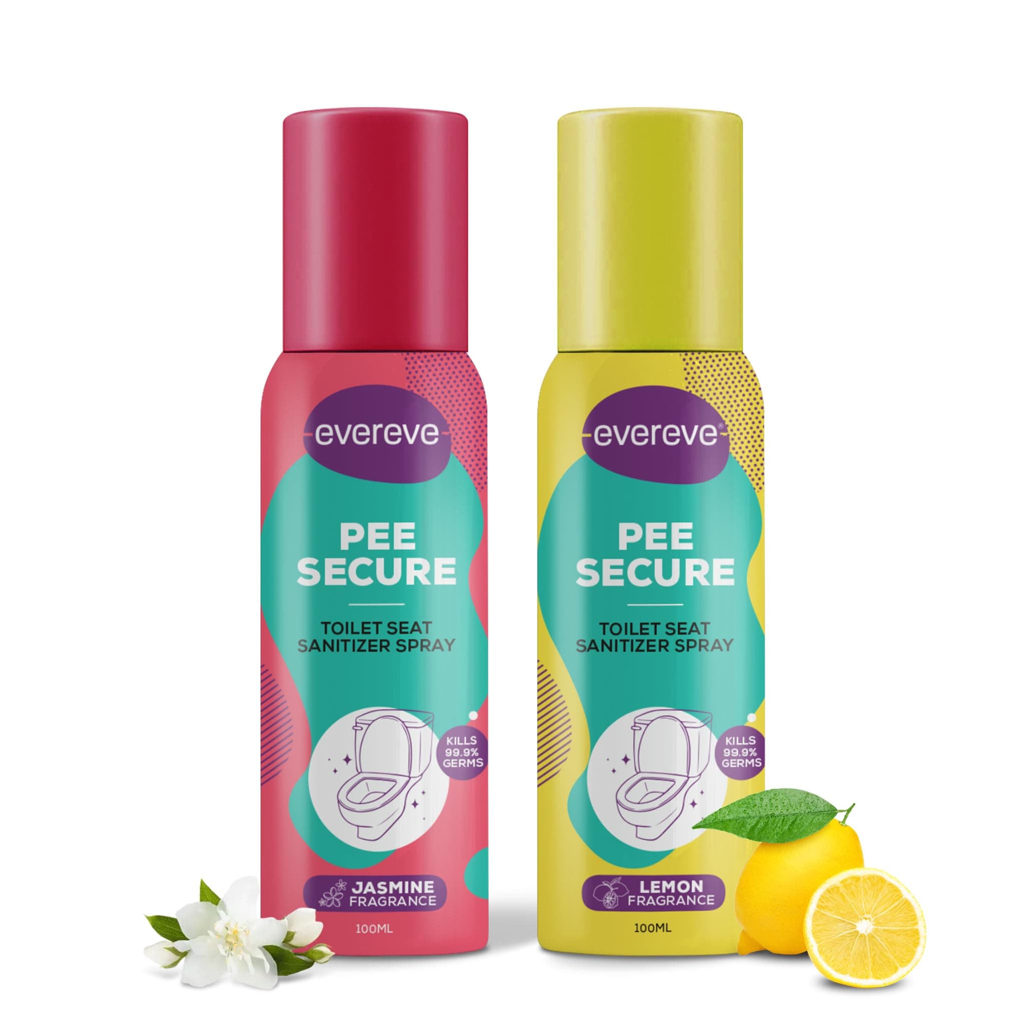 Evereve Pee Secure Toilet Seat Sanitizer Spray (100ml- Pack of 2), Lemon & Jasmine flavour, Reduces the risk of UTI & Other infections, Anti-Odour & Germ Killing Toilet spray, Kills 99.9% Germs