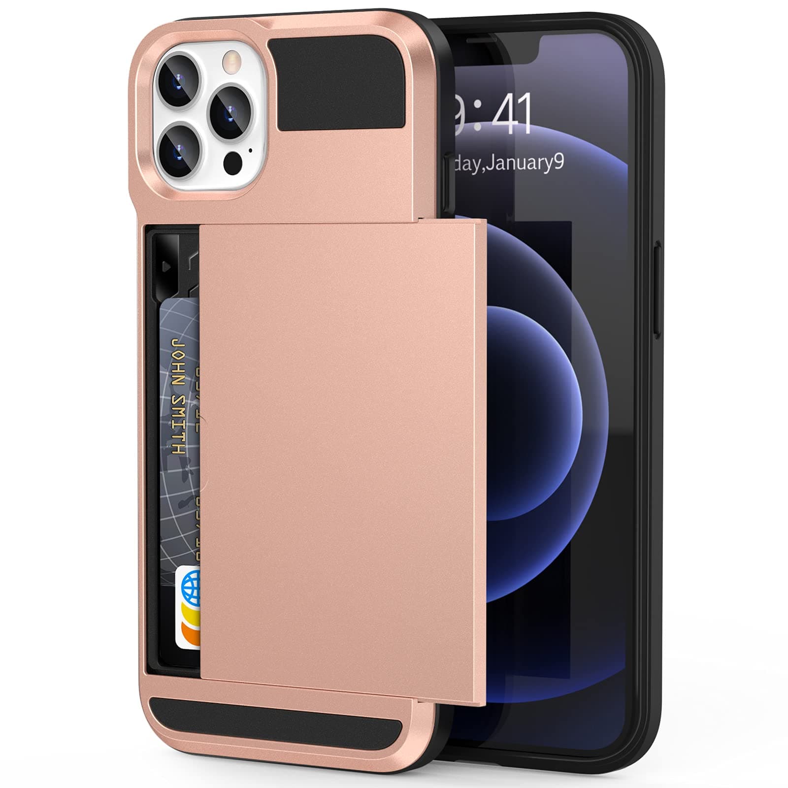 Anuck Case for iPhone 13 Pro Max Case with Card Holder, Shockproof Heavy Duty Wallet Case [Credit Card Slot][Slide Cover] Anti-Scratch Shell Dual Layer Armor Bumper Protective Phone Case - Rose Gold