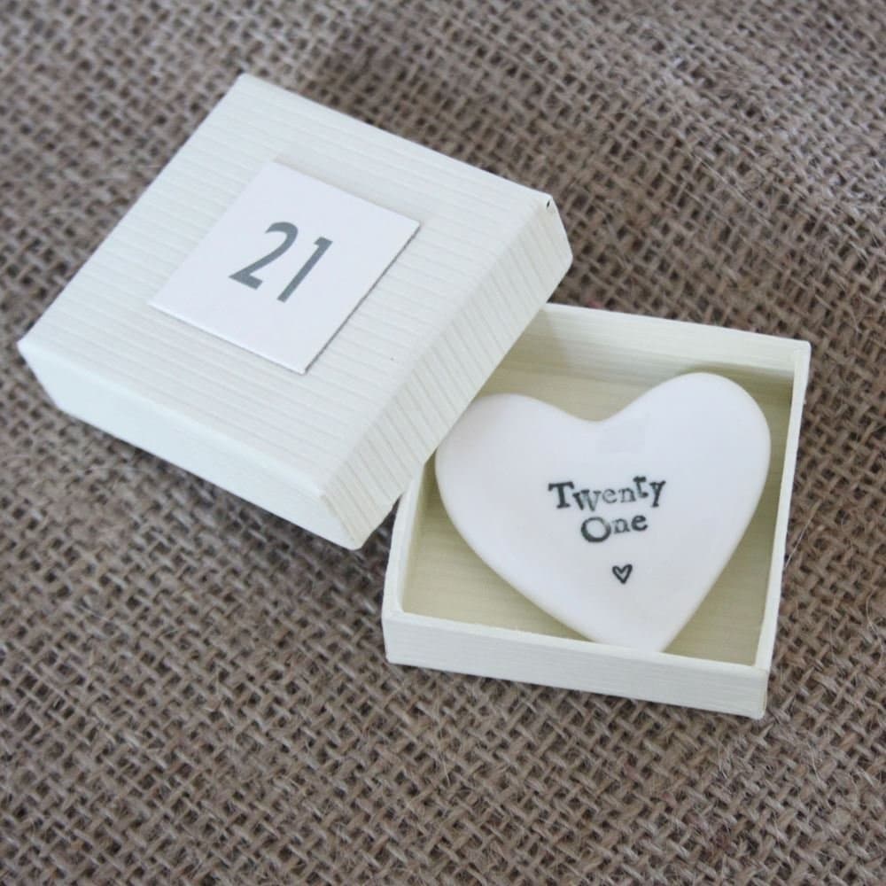 East of India Twenty One White Porcelain Heart Dish Gift - 21st Birthday Gift