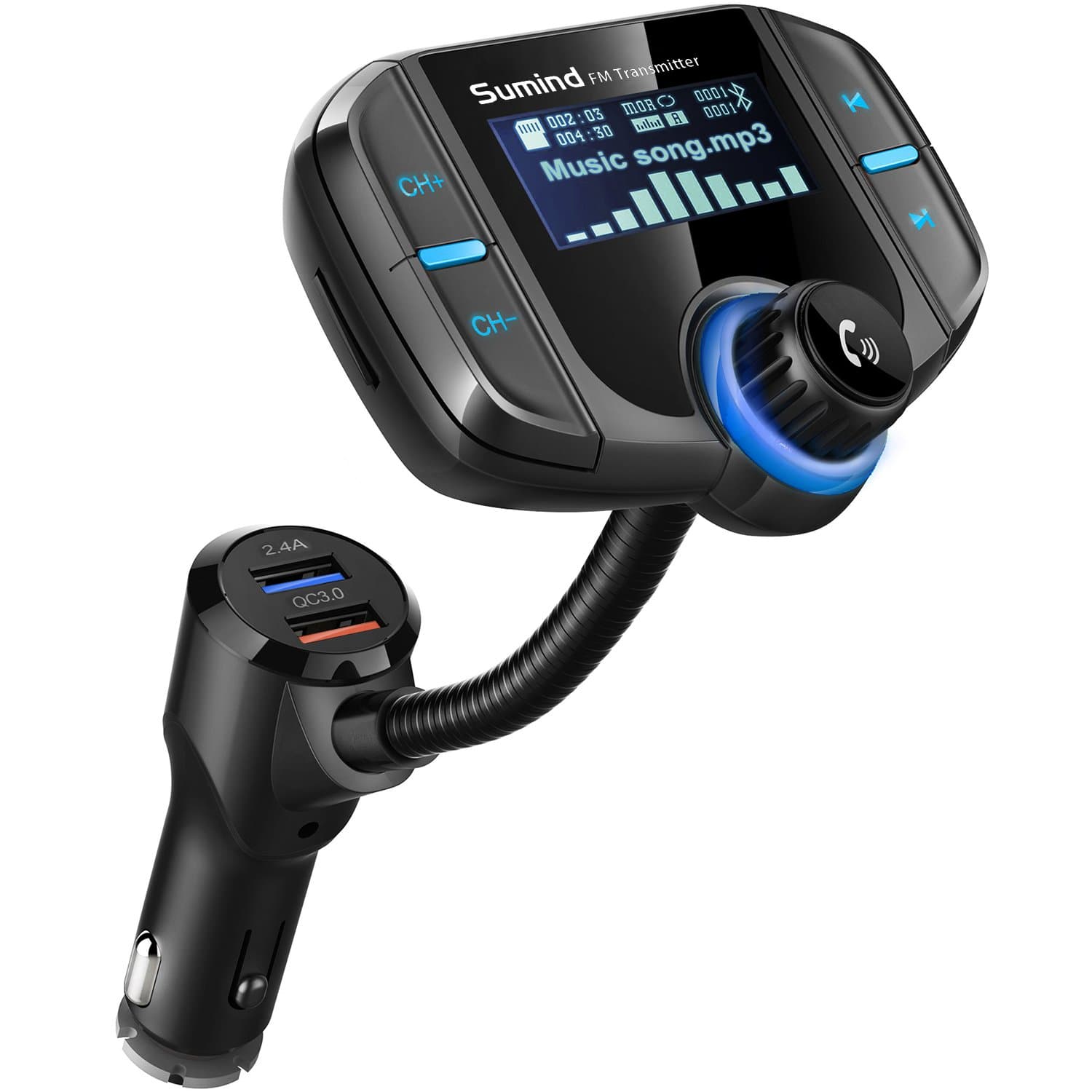 Sumind 2026 Upgraded Wireless Bluetooth Car Adapter FM Transmitter, 1.7'' LCD Display, Flexible Gooseneck, 20W QC3.0&Dual USB Ports, AUX Input/Output for Hands-Free Call, Micro /TF Card(Black,Normal)