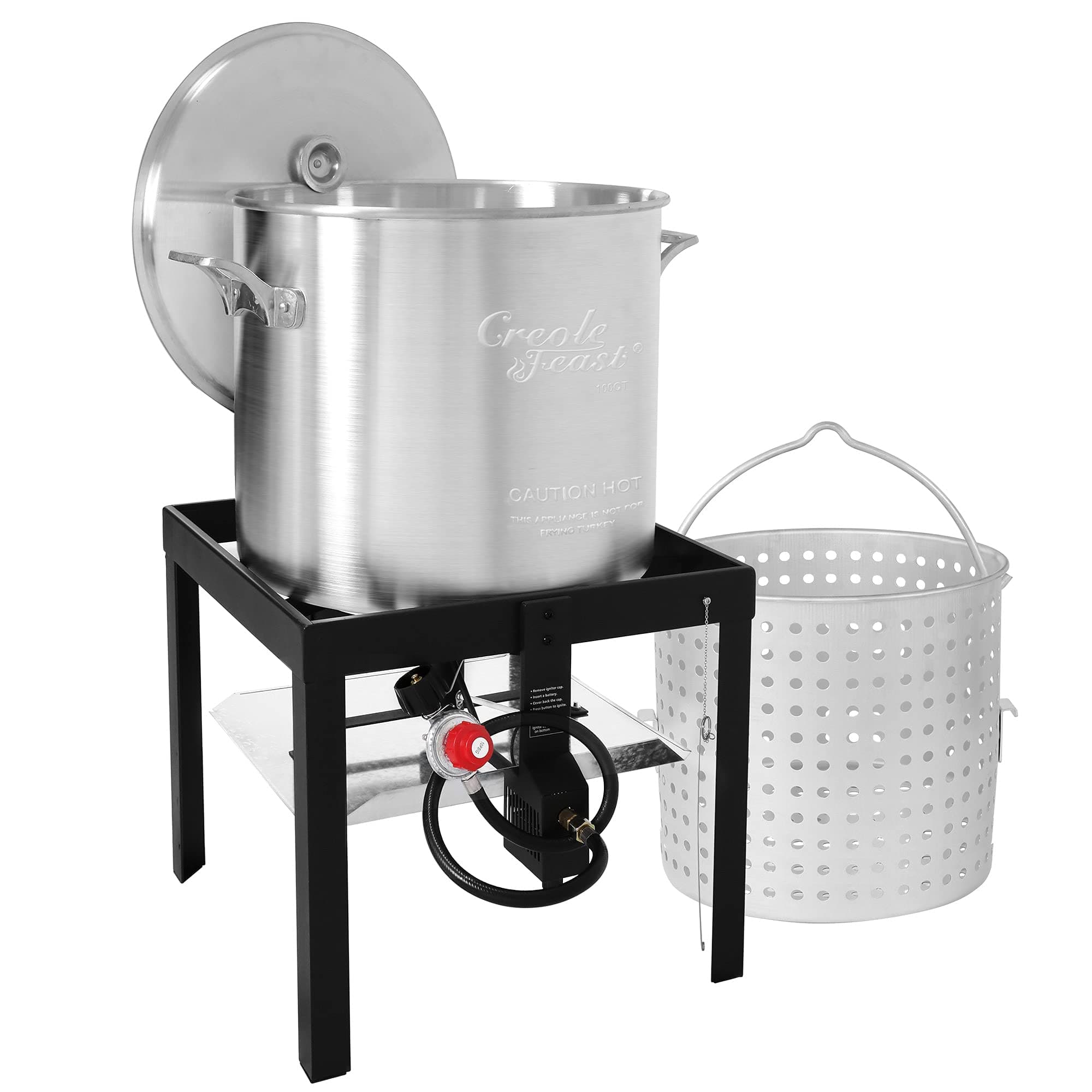 SBK1001 100 Qt Seafood Boiling Kit with Strainer, Outdoor Seafood Boil Pot and Basket with 100,000 BTUs Propane Burner and 10 PSI Regulator, Black & Silver