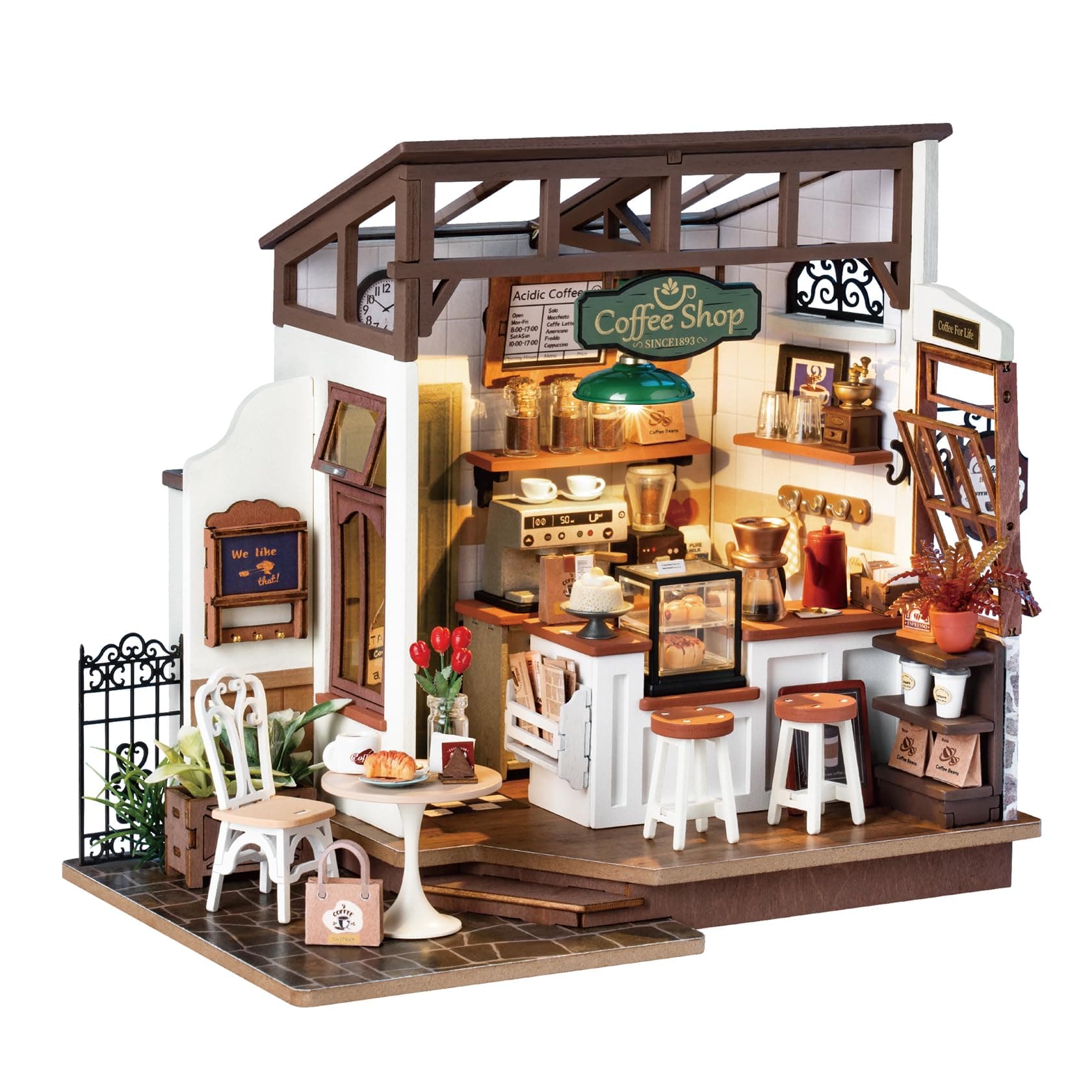 Dollhouses Café Miniature Wooden Doll House Kit with Furniture Wooden Building Kits with LED Lights for Girls and Women