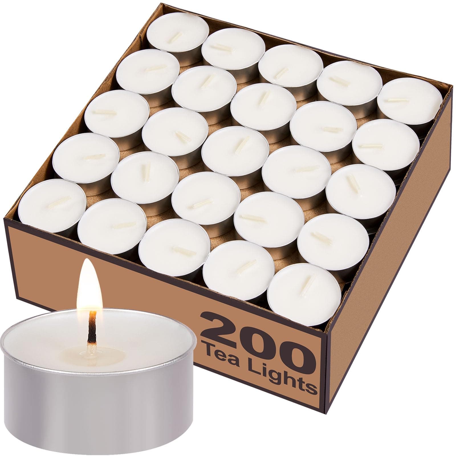 - Tea Lights Candles Bulk - 200 Pack, 4.5+ Hours Fully Burns Tealight Candles Unscented Smokeless Bright Flame Tealights for Home, Sabbath, Weddings, Christmas & Halloween Decor, White