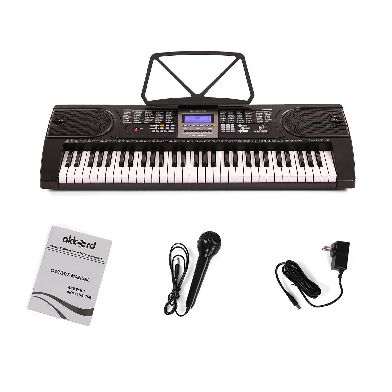 - Akkord AKD 61KB 61-Key Octave Electronic Keyboard with adapter- LCD Display| USB Input| Mic |Music Sheet Stand | 255 Rhythms | 255 Timbres | 24 Demos