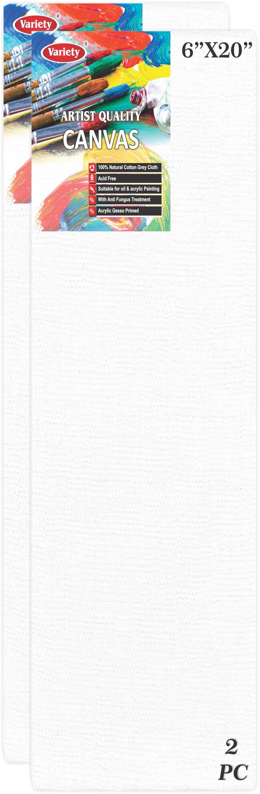 VARIETY CANVAS 6 X 20 Inch Cotton Canvas Board for Painting, 7OZ Primed, Pack of 2 Piece - White