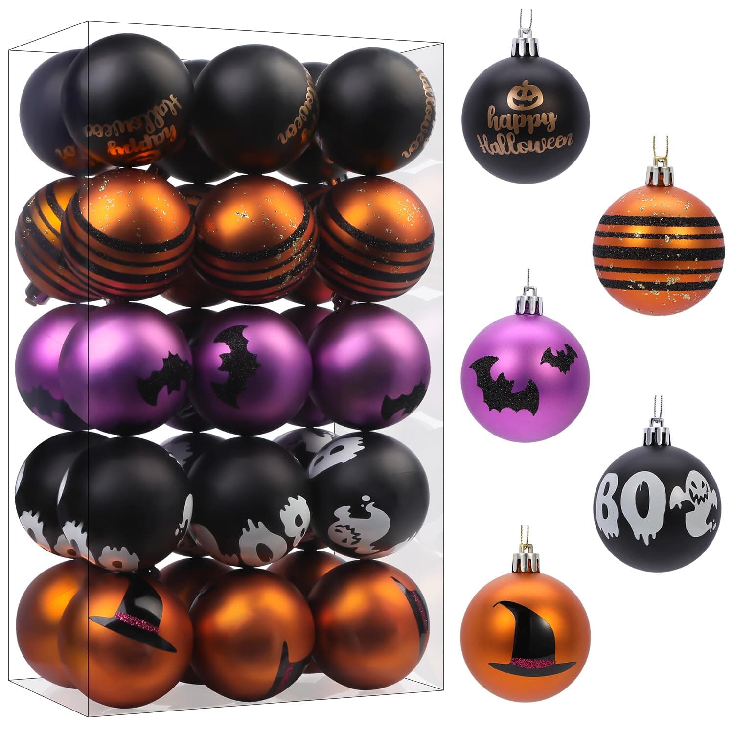 SHareconn 30ct 2.36 Inch Halloween Tree Ornaments, Colored Shatterproof Plastic Decorations Balls Baubles for Christmas Party Haunted House Decoration (Black & Orange Purple, 6cm), Blackorangepurple