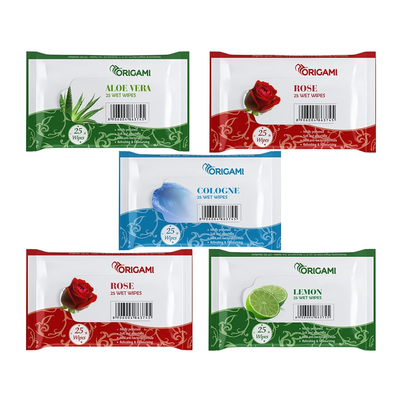 Wet Wipes/Wet Tissue/Wet Facial Tissue - 15 x 20 cm - 25 Pulls Per Pack - Pack of 5-125 Wipes - Assorted Fragrances