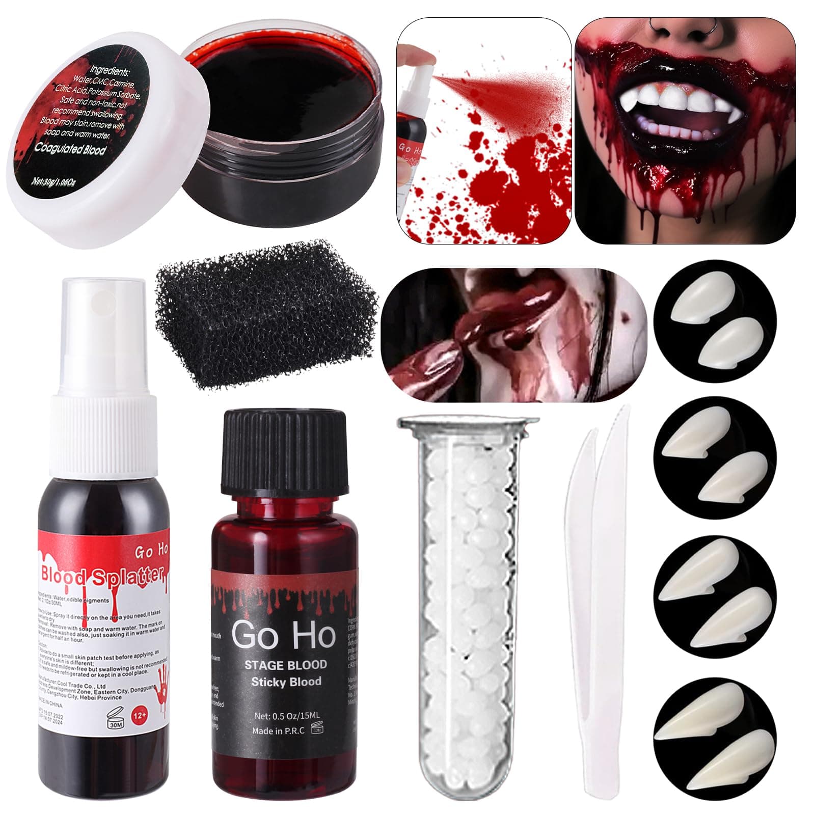 Go Ho Vampire Blood and Fangs Makeup Kit,4 Pairs Vampire Fangs Costume 4 Size Fake Teeth,1 Fake Blood Spray,1 Stage Blood,1 Coagulated Blood Gel and 1 Sponges for Halloween Vampire Cosplay Makeup