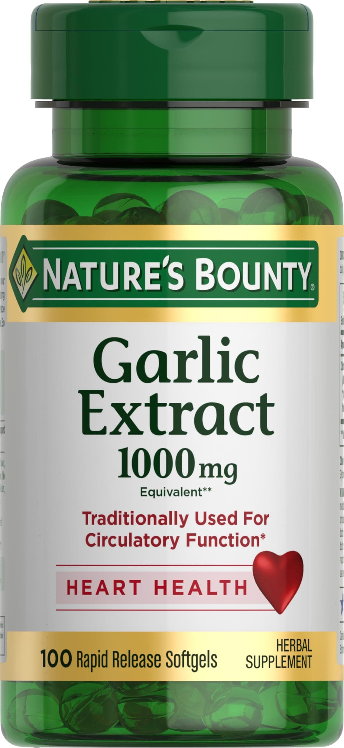 Nature’s Bounty Garlic Extract, Herbal Supplement, Supports Circulatory Function, 1000mg, 100 Rapid Release Softgels