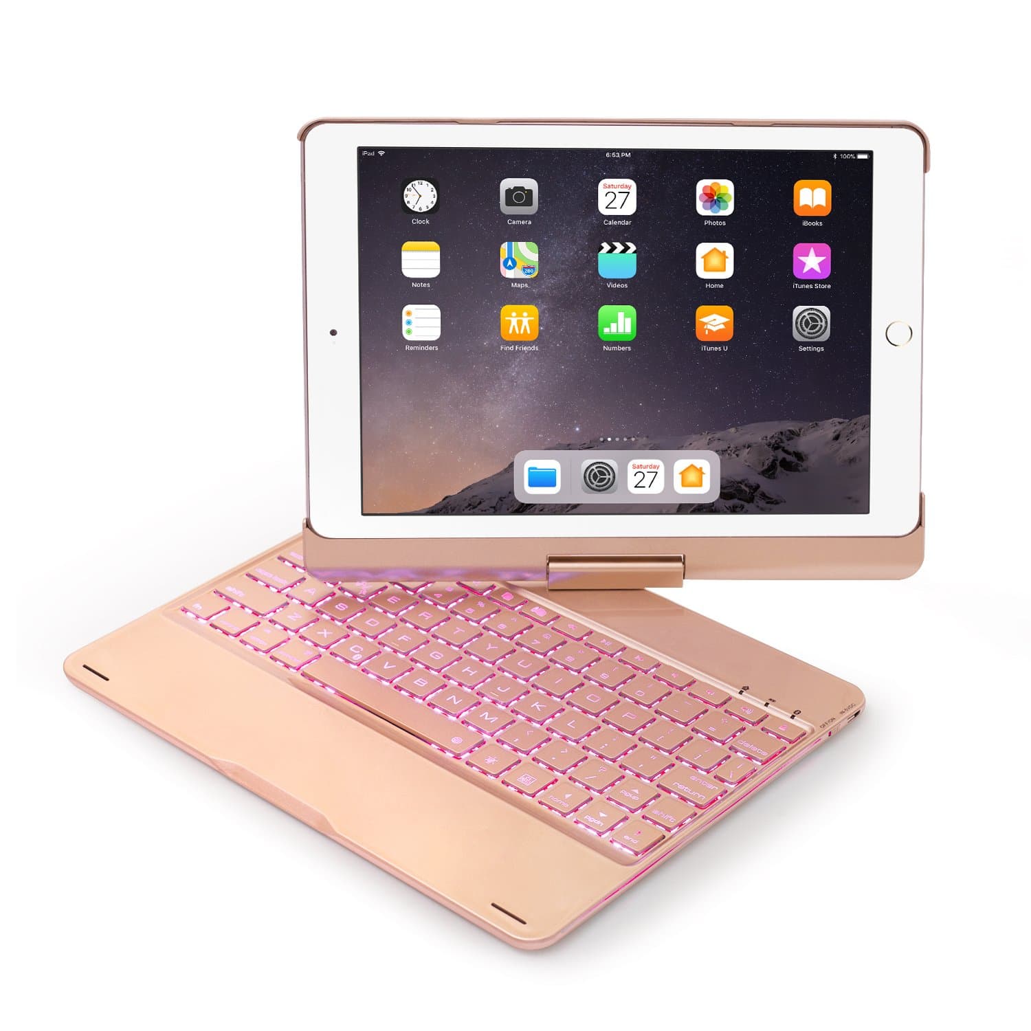Keyboard Case for iPad Pro 9.7/iPad Air 2-LED 7 Colors Backlit Bluetooth keyboard Folio Case Cover ,Ultra Slim, Aluminium Alloy& 130° Rotating-Ideal Apple iPad Pro 9.7 Inch &iPad Air 2(Rose Golden)