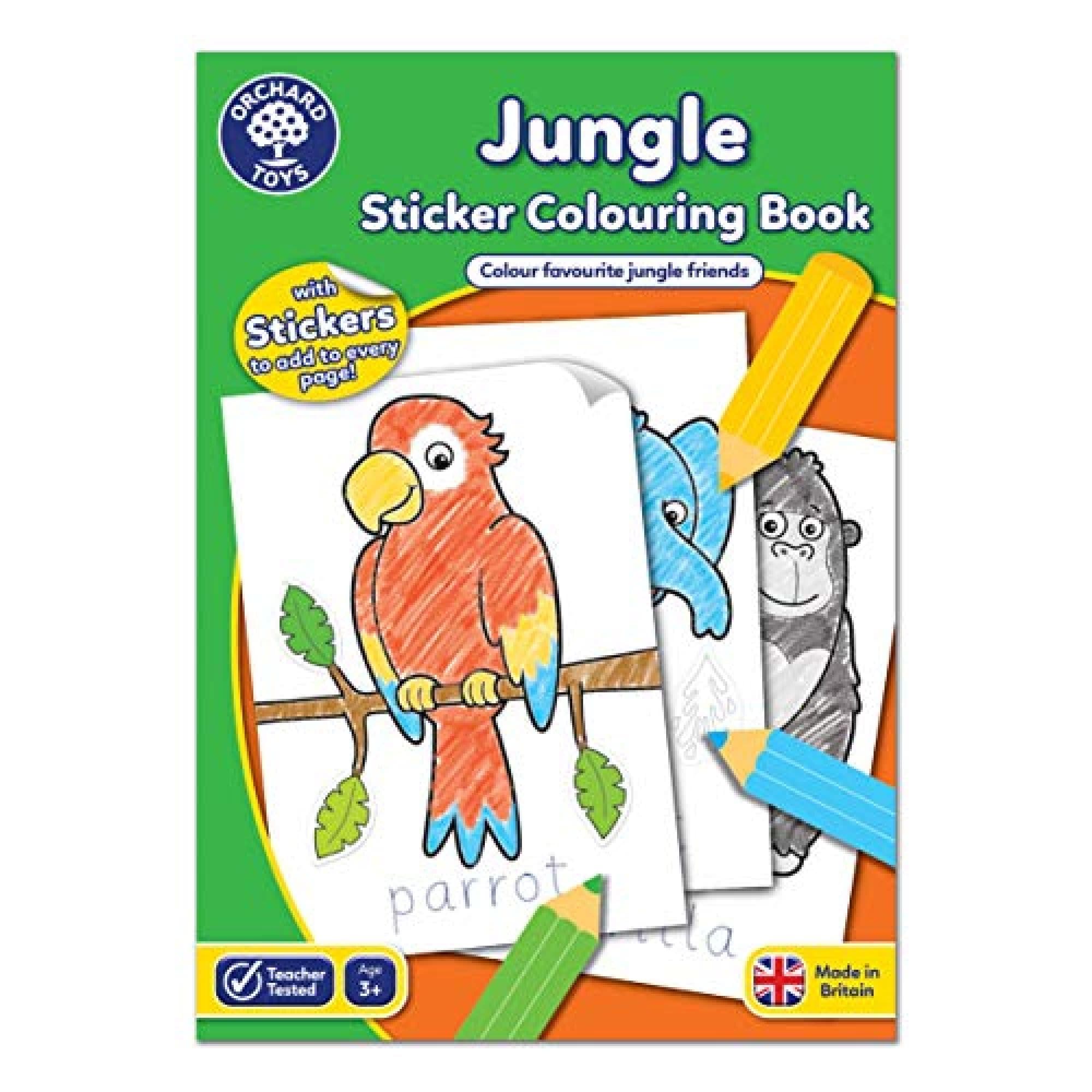 Orchard Toys Jungle Sticker Colouring Book - Educational Colouring Activity Book - Colour and Write Jungle Animals - Kids age 3 Years +