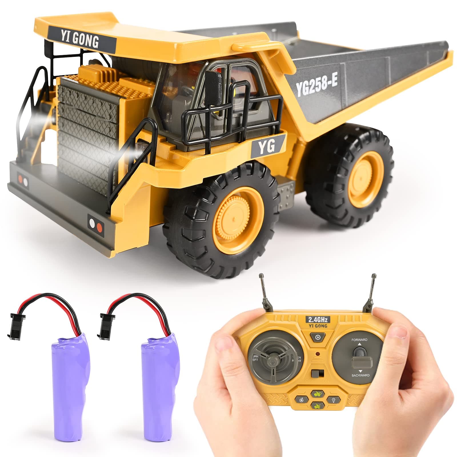 Remote Control Dump Truck Toys 9 Channel 2 Batteries RC Construction Toy Vehicles with Metal Bed Lights/Sounds, Birthday Gifts for Boys Age 3+