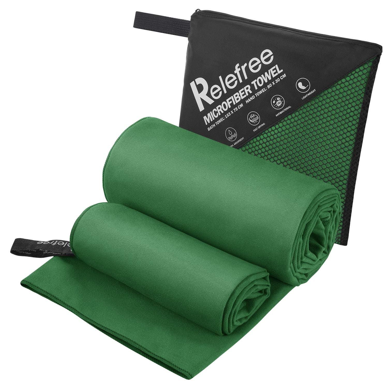 Relefree Microfiber Beach Towel Set (2 Pieces), Golf and Fitness Towels are Quick-Drying, Sand-Free, Super Absorbent, Compact, Suitable for Traveling, Camping, Hiking, Swimming, Backpacking