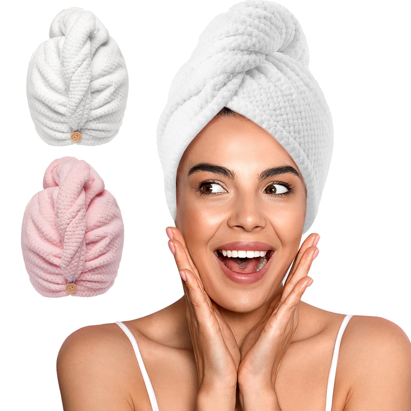 2 Pack Microfiber Hair Towel Wrap for Women, Super Absorbent Quick Dry Hair Turban for All Hair Style Anti Frizz, Large Hair Drying Towel with Button