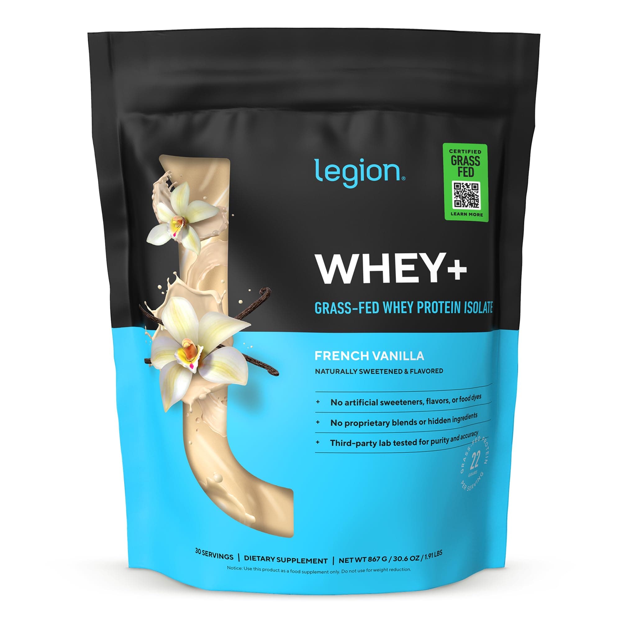 Whey+ Protein Whey Isolate from Grass Fed Cows (French Vanilla, 30 Servings) - Whey Protein Isolate Powder, Low Calorie, Non-GMO, Sugar Free, Lactose and Gluten Free, All Natural Protein Powder