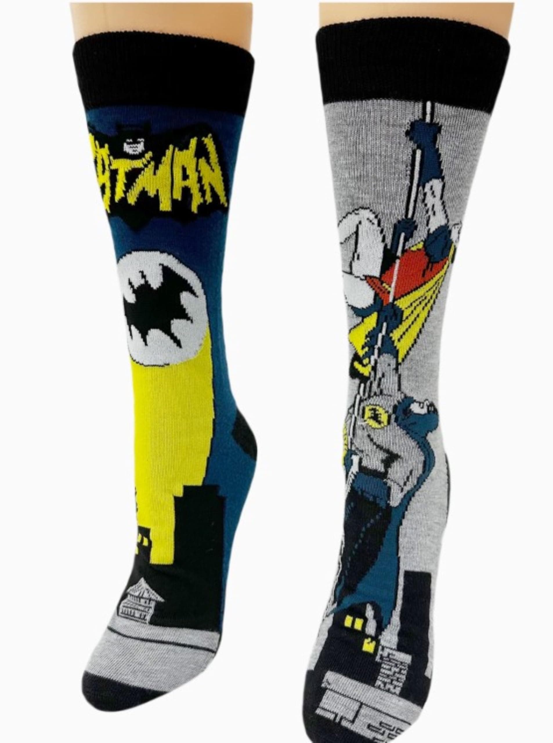 Warner Bros 1966 Batman Classic TV Series 2 pack Men's Dress Crew Socks. 2 pair – The Bat Signal over Gotham City & Batman and Robin Climbing the Side of a Building- Men’s Shoe Size 6-12 (TG11506)