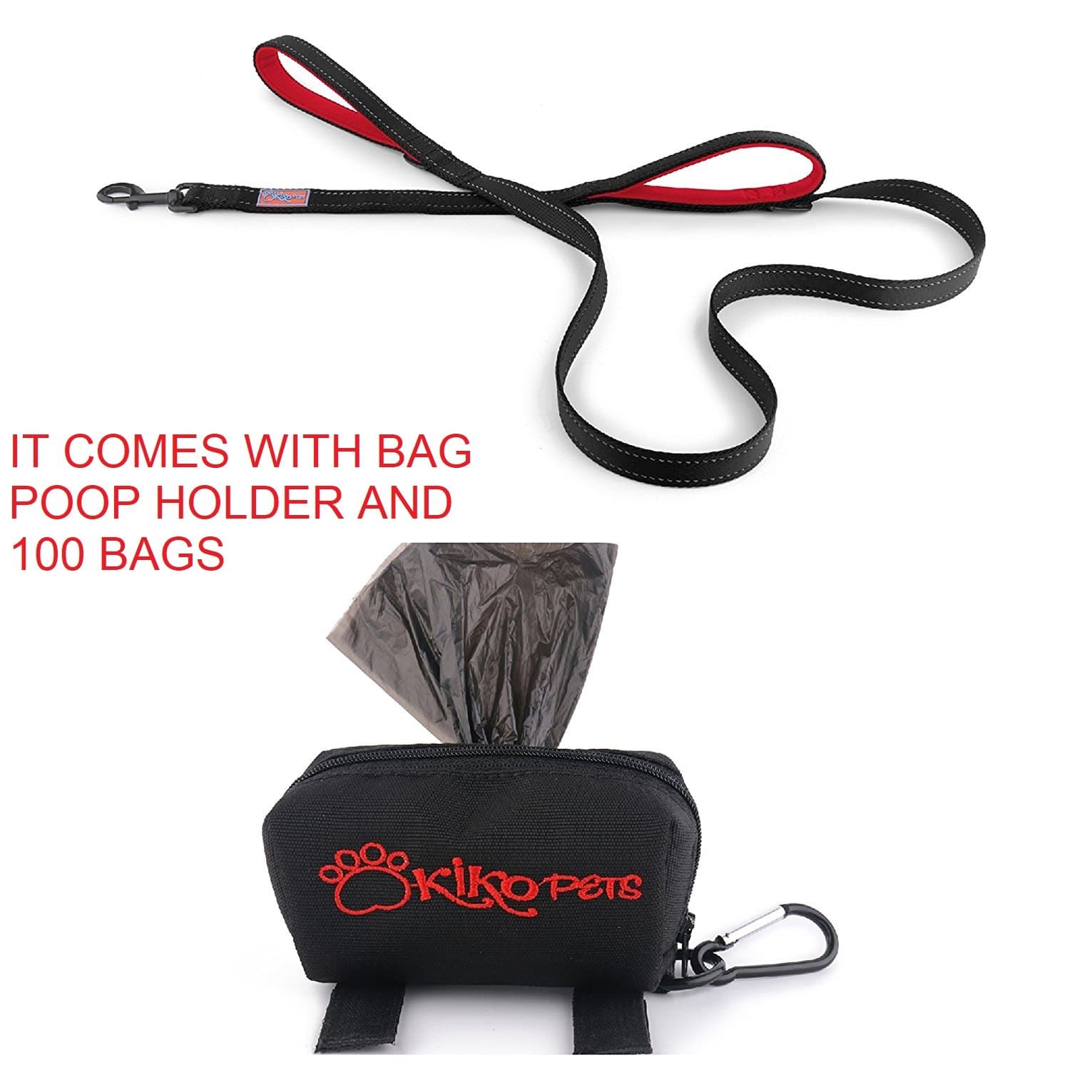 Double Handle Dog Leash with BONUS Dog Poop BAG HOLDER with 100 Bags , 8ft, 6ft, 5 feet Long, made with Neoprene and Padded Handles, traffic Lead and Great Control, made with Heavy Duty materials