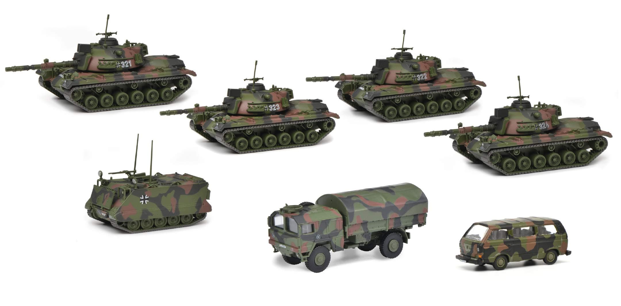 Schuco 452643300 - Set Panzerkompanie, 4x M48G, 1x M113, 1x MAN 5t GL, 1x VW Bus T3, Modellauto Set, 1:87