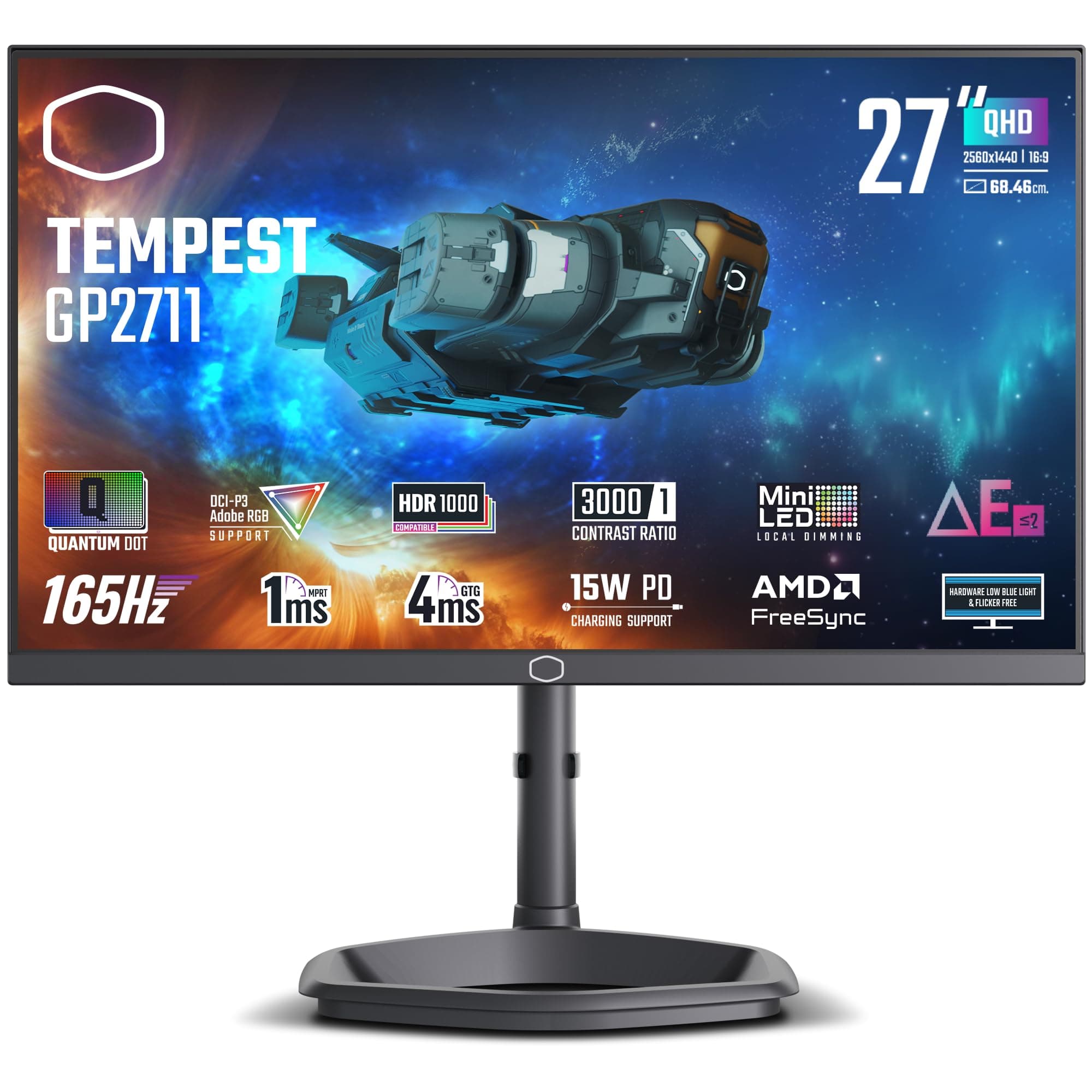 Tempest GP2711 27” 2K 165Hz Mini LED VA Quantum Dot QHD 2560 x 1440 PC Monitor, HDR1000, 4ms (GtG)|1ms (MPRT), DCR, FreeSync Premium, DP1.4 * 1, HDMI2.0 * 2, USB C*1, KVM