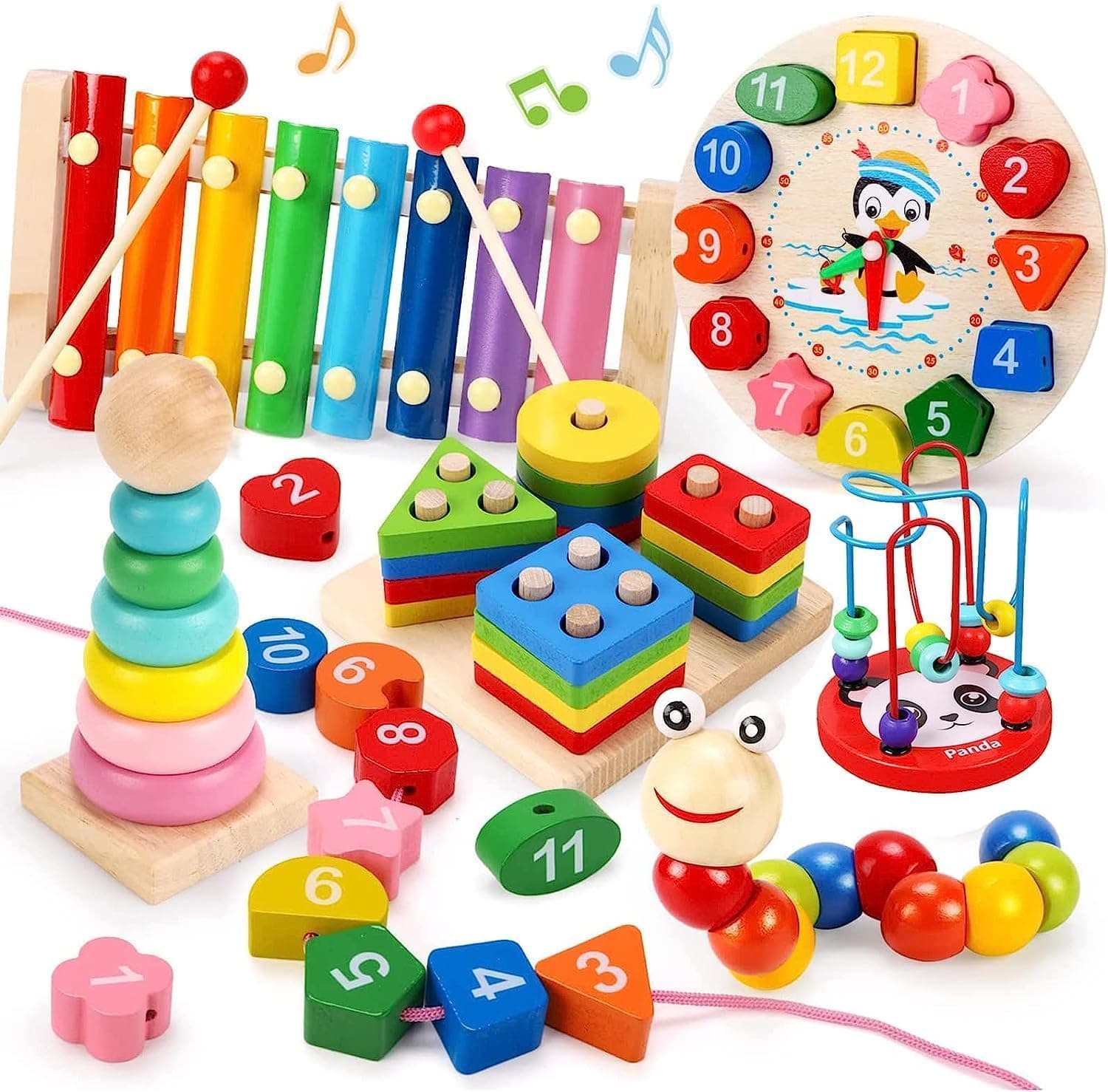 Toddlers Montessori Wooden Toys for Boys Girls Age 2-4 Year Old,6 In 1 Baby Toy Learning Musical Sets,Shape Sorting Toys Gifts for Kids 3-6,Wooden Preschool Learning Fine Motor Skills Game