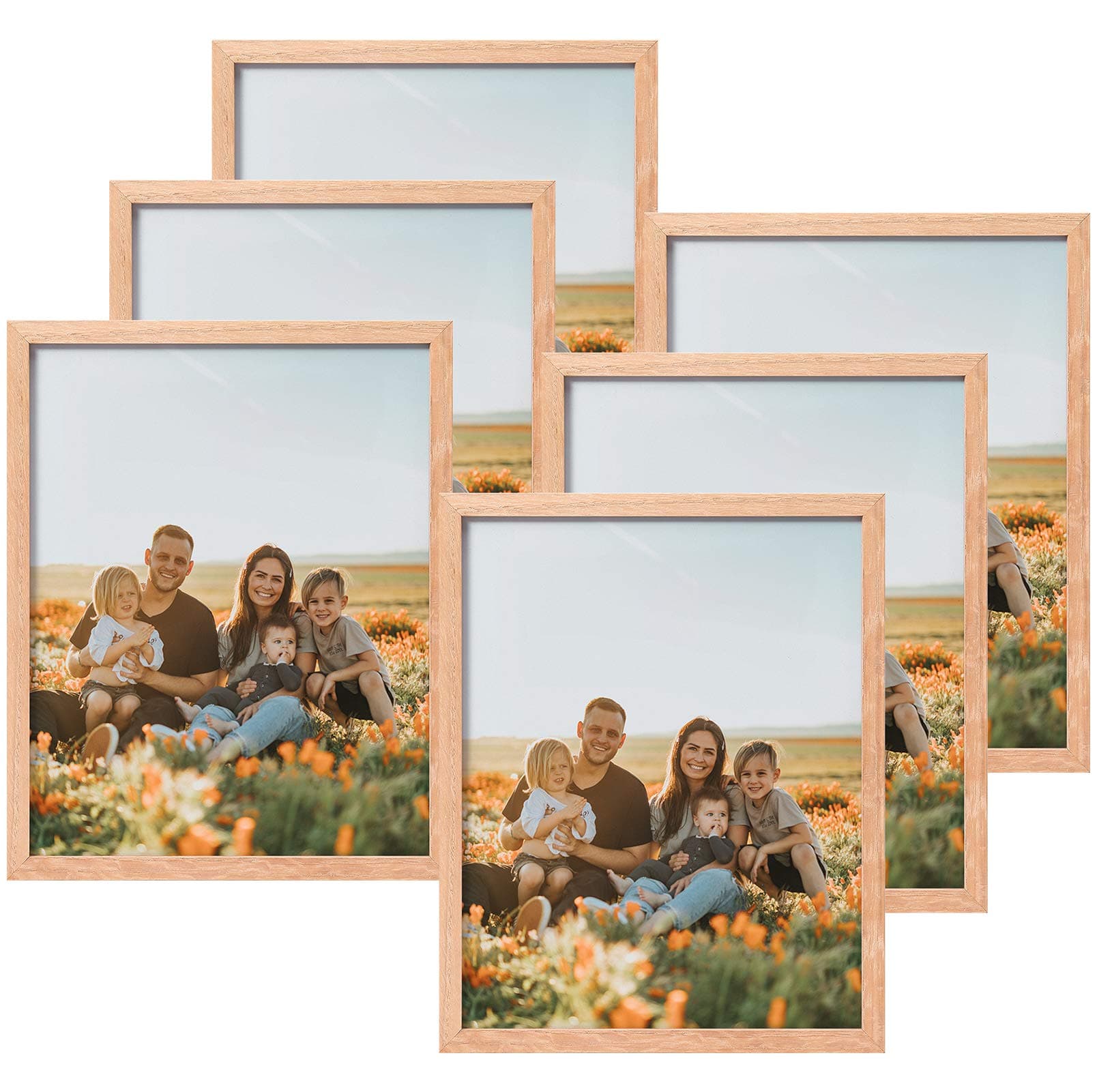 ATOBART 8x10 Set of 6 Oak Wood Picture Frame Solid Wooden Photo Frame Natural Wood Color Frames with Real Glass for Wall Mounting or Tabletop Living Room Bedroom Home Decor