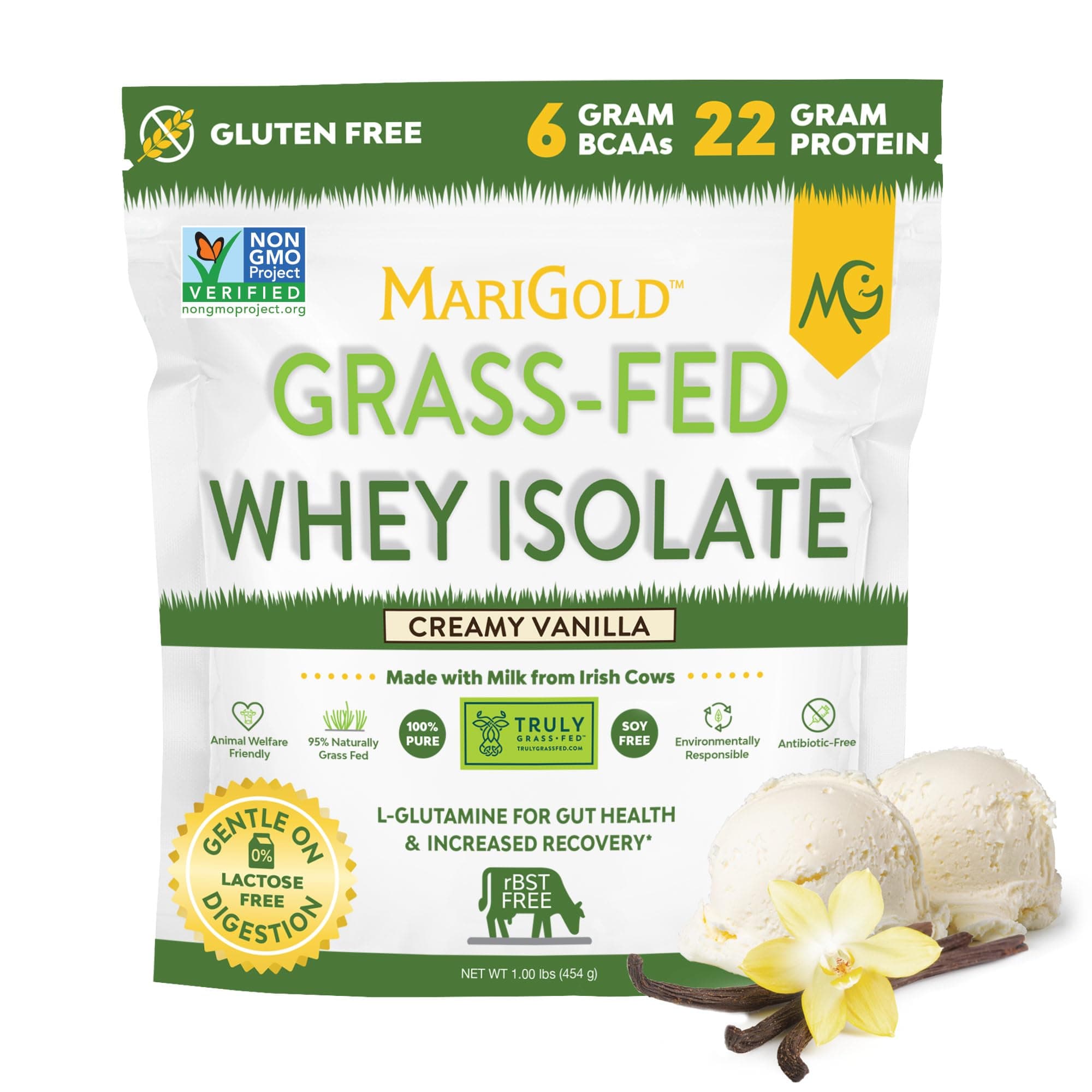 MariGold Grass-fed Whey Protein Isolate Powder - Creamy Vanilla Flavor - 1 Lb Bag | 100% Pure, Cold-Processed, Micro-Filtered, Undenatured, Non-GMO, rBGH Free, Soy Free, Gluten Free, Lactose Free